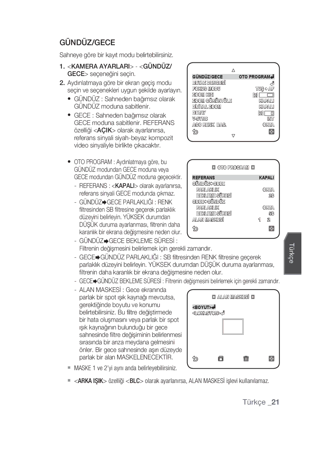 Samsung SCC-C4355P manual Gündüz/Gece, Sahneye göre bir kayıt modu belirtebilirsiniz, GÜNDÜZGECE Bekleme Süresİ 