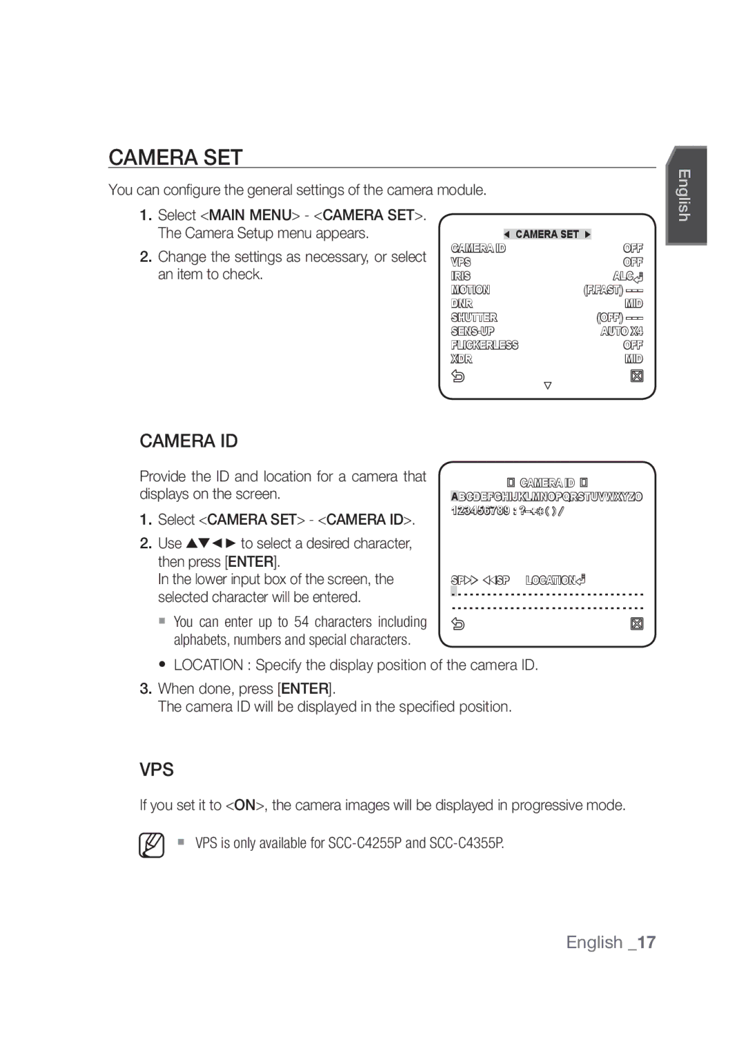 Samsung SCC-C4355P manual Camera SET, Camera ID, Vps, Camera Setup menu appears, An item to check 