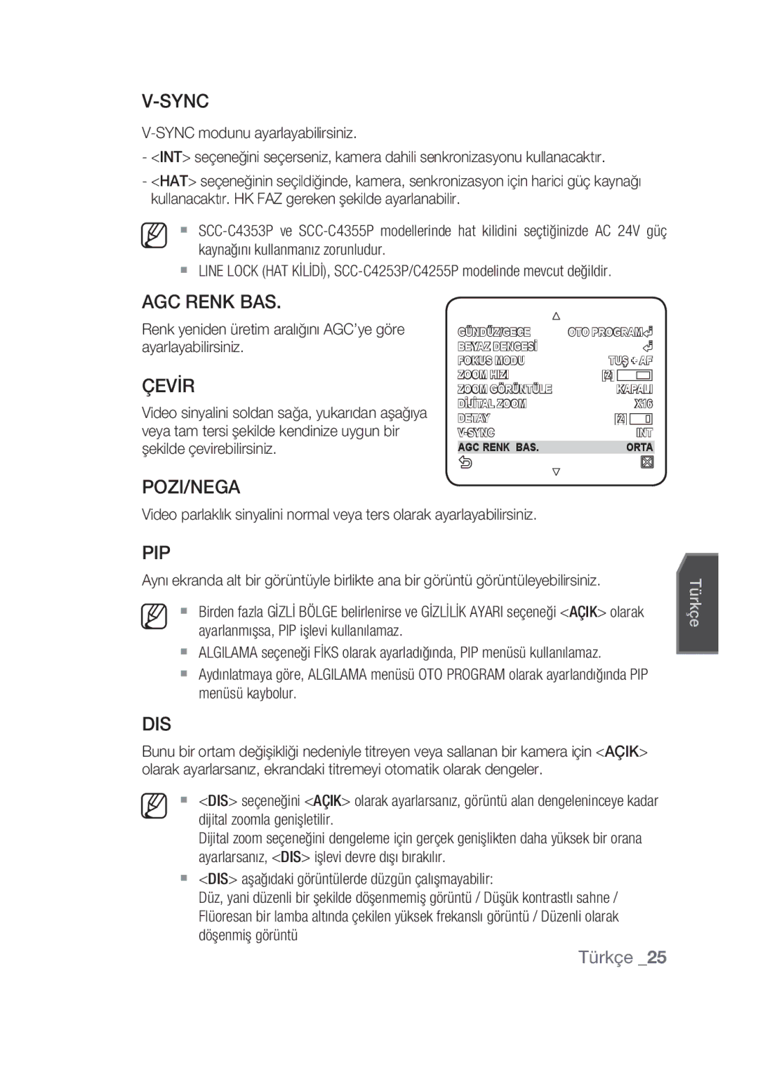 Samsung SCC-C4355P manual AGC Renk BAS, Çevİr 