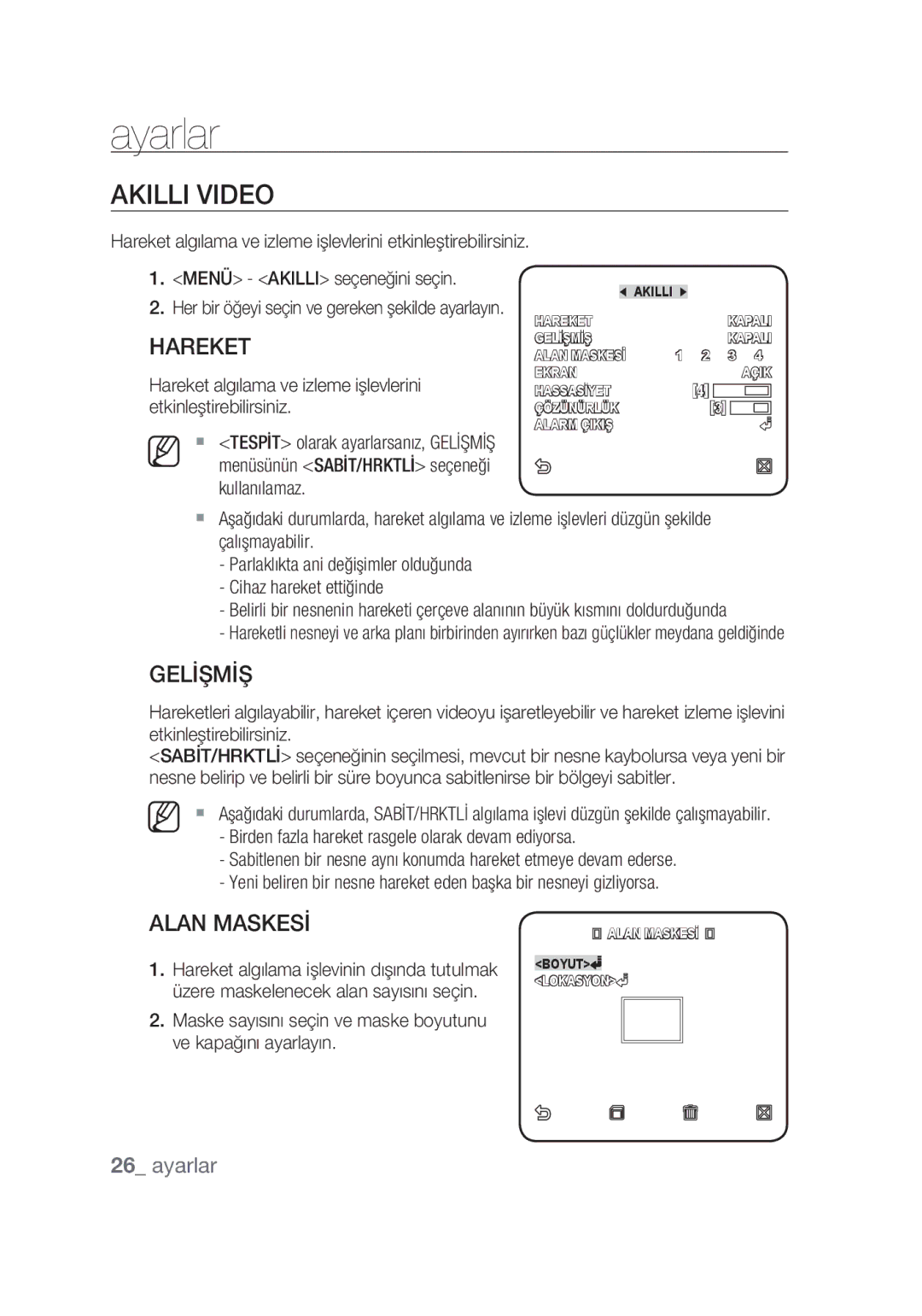 Samsung SCC-C4355P manual Akıllı Video, Gelİşmİş, Alan Maskesİ, Menü Akilli seçeneğini seçin 