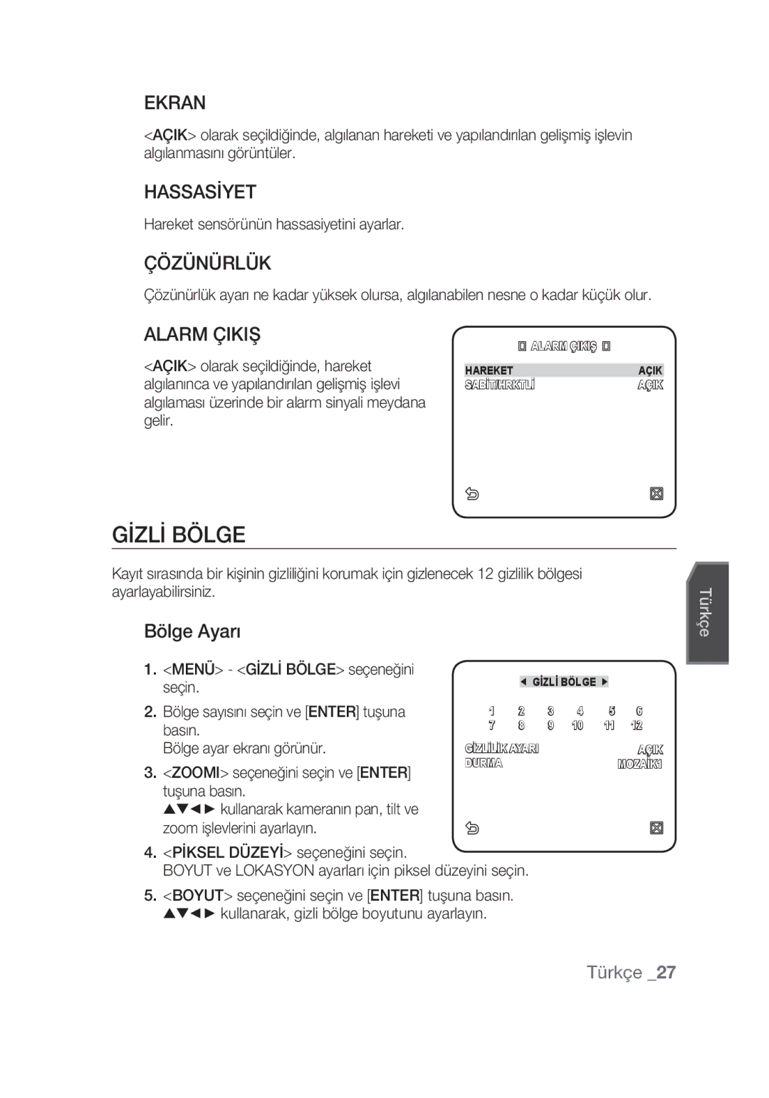 Samsung SCC-C4355P manual Gİzlİ Bölge, Ekran, Hassasİyet, Çözünürlük, Alarm Çikiş 