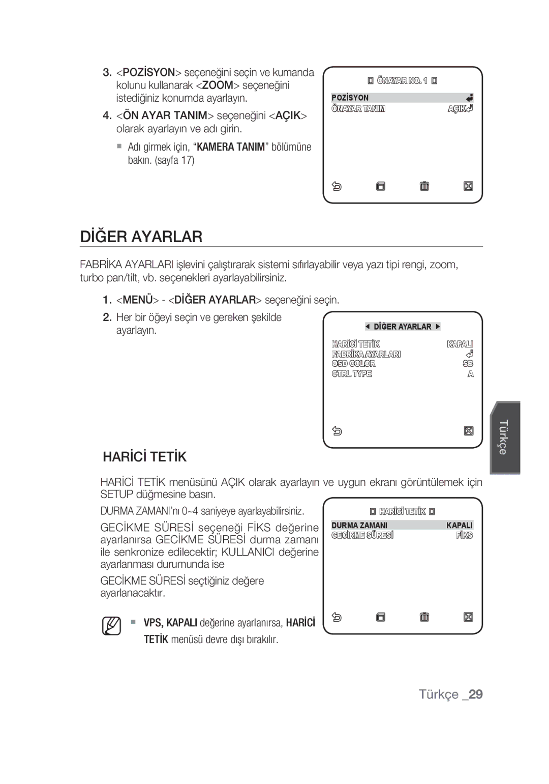 Samsung SCC-C4355P manual Dİğer Ayarlar, Harİcİ Tetİk, Ayarlayın, Gecİkme Süresİ seçtiğiniz değere ayarlanacaktır 