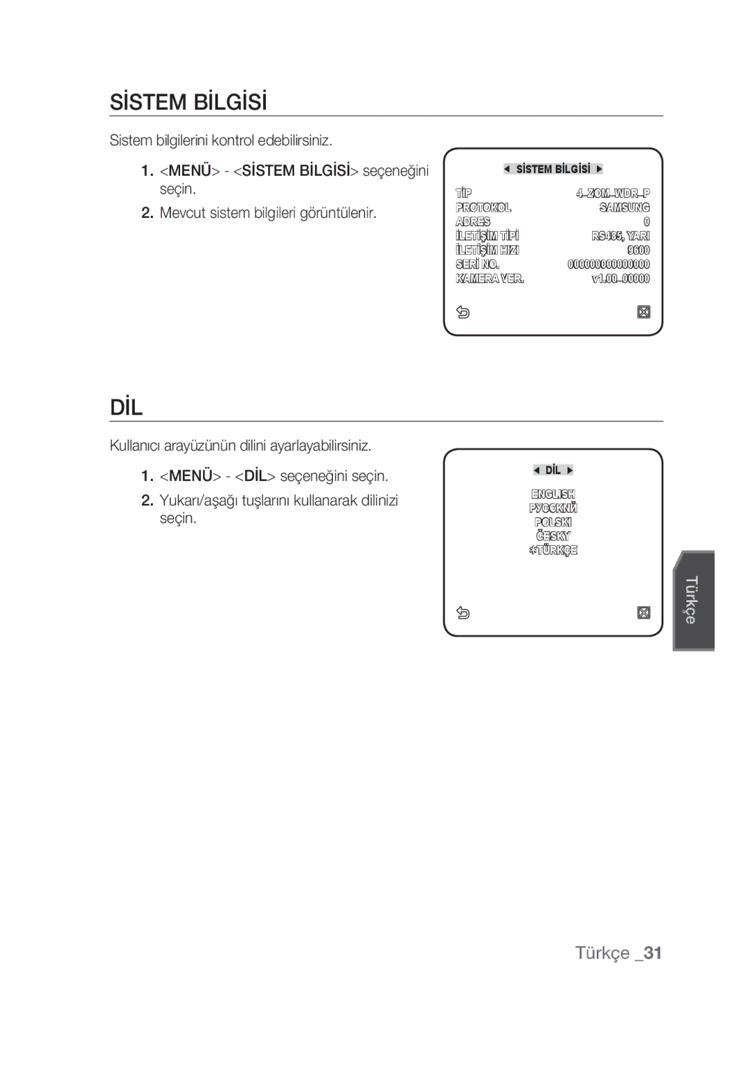 Samsung SCC-C4355P manual Sİstem Bİlgİsİ, Dil 