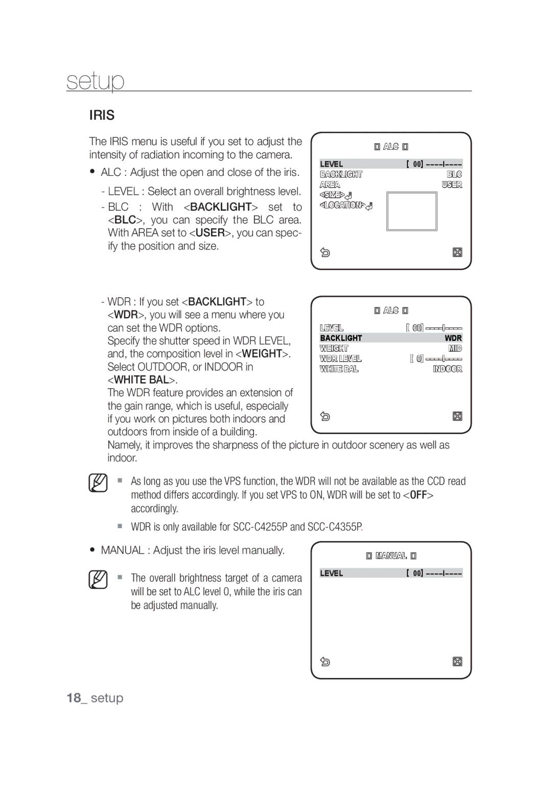 Samsung SCC-C4355P Intensity of radiation incoming to the camera, With Backlight set to, BLC, you can specify the BLC area 