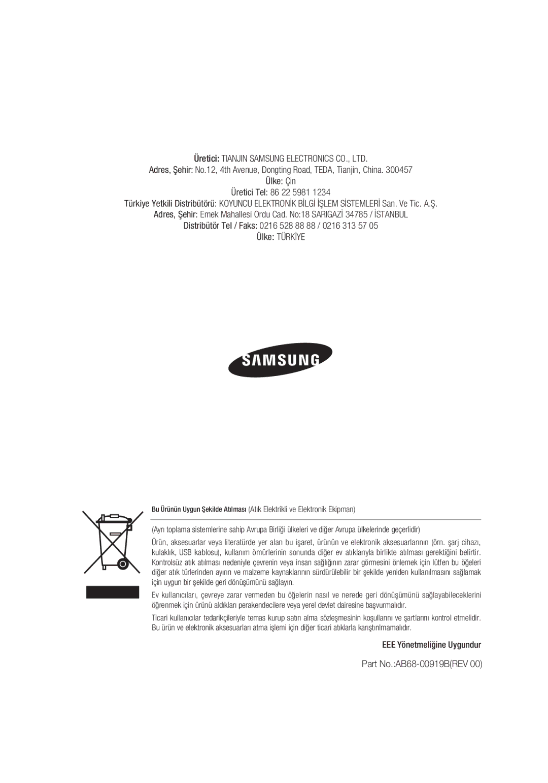 Samsung SCC-C4355P manual Part No.AB68-00919BREV 