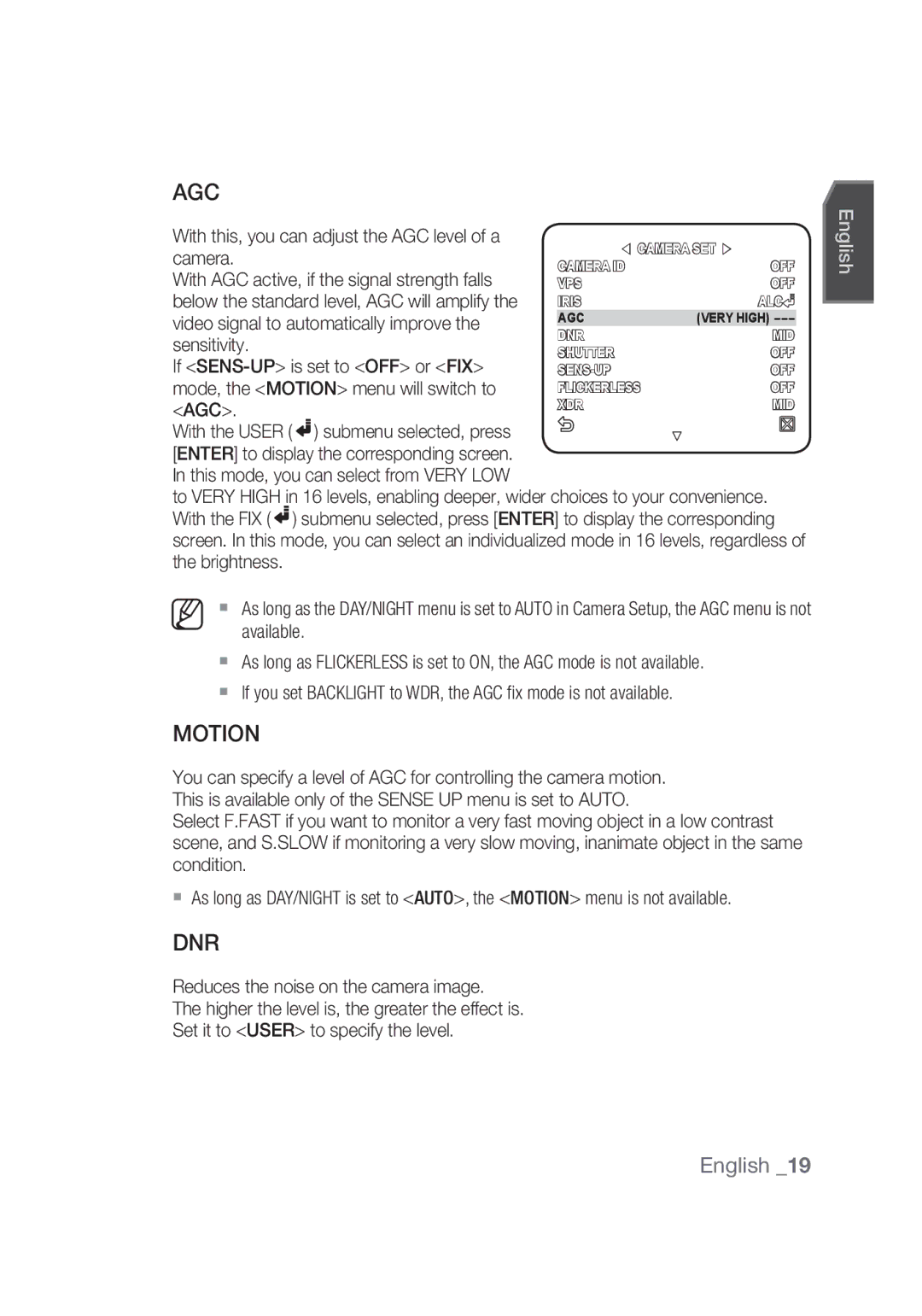 Samsung SCC-C4355P manual Motion, Dnr 