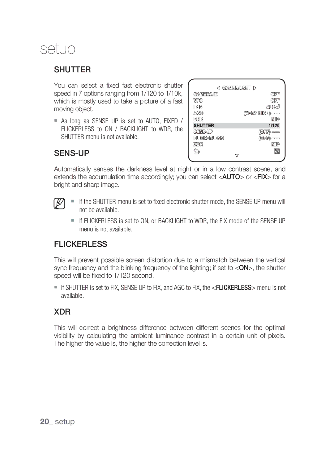 Samsung SCC-C4355P manual Shutter, Sens-Up, Flickerless, Xdr 