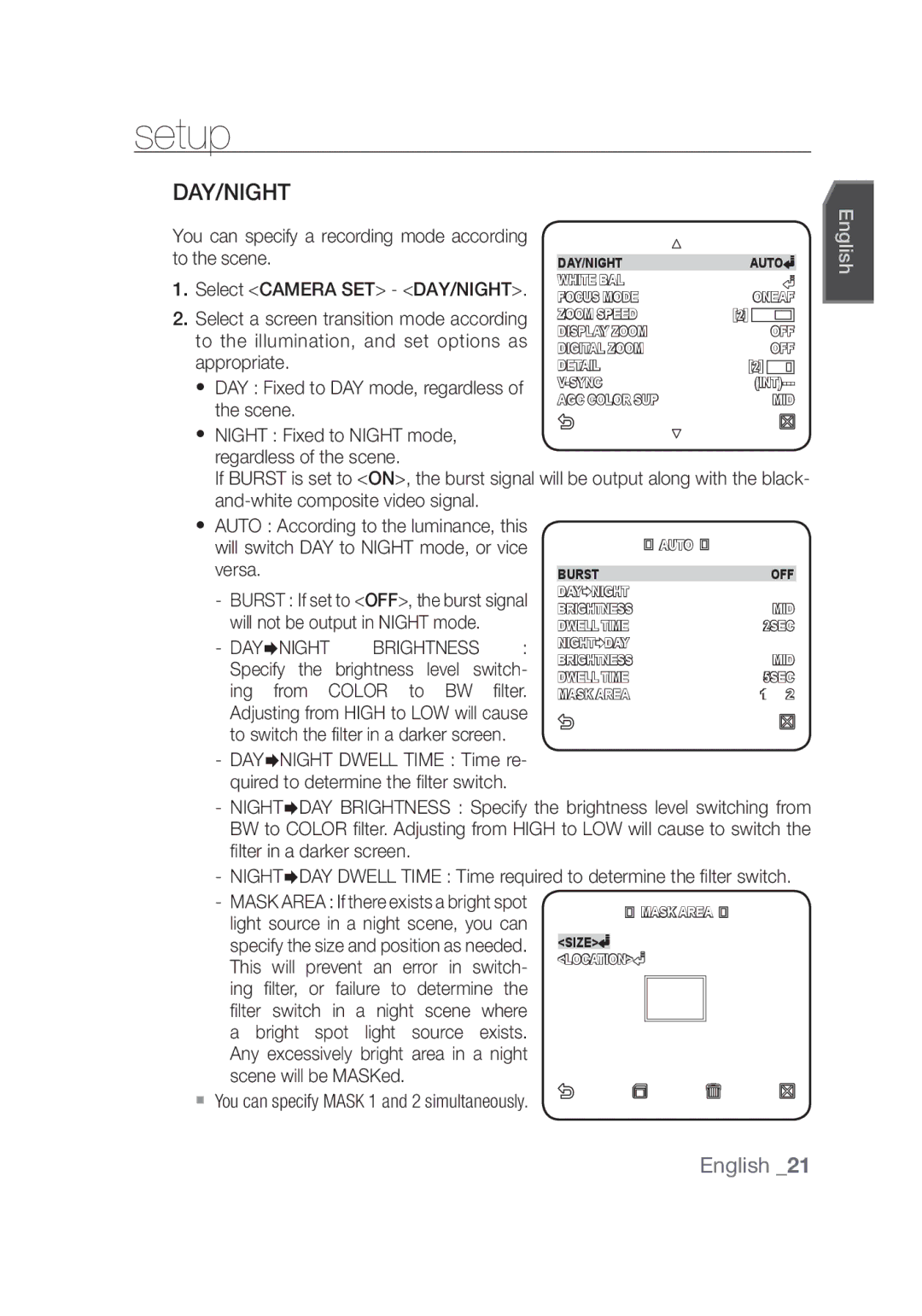 Samsung SCC-C4355P manual Day/Night, Filter switch Night scene Where Bright spot Light source 