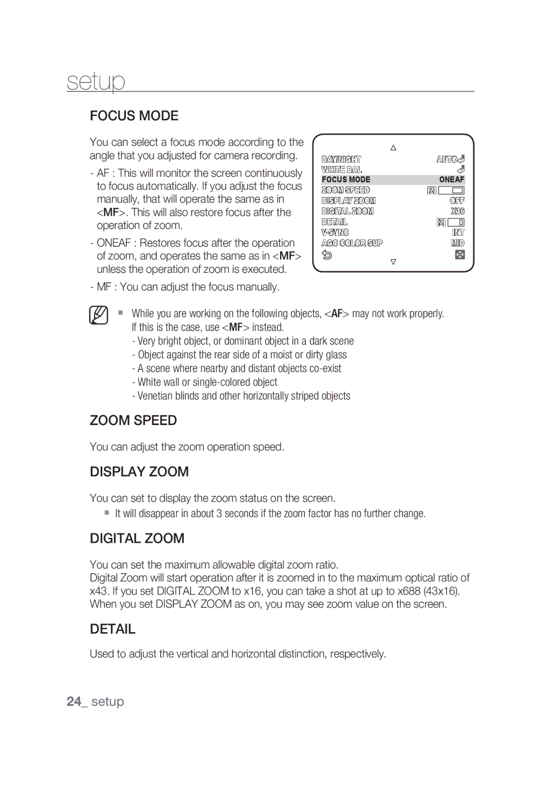 Samsung SCC-C4355P manual Zoom Speed, Display Zoom, Digital Zoom, Detail 