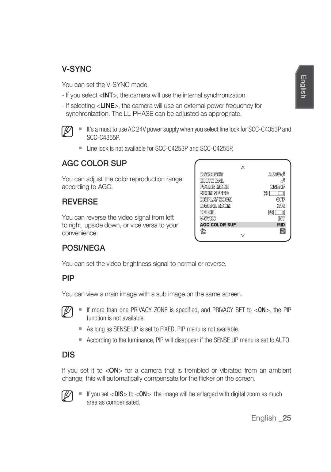 Samsung SCC-C4355P manual Sync, AGC Color SUP, Reverse, Posi/Nega, Pip, Dis 