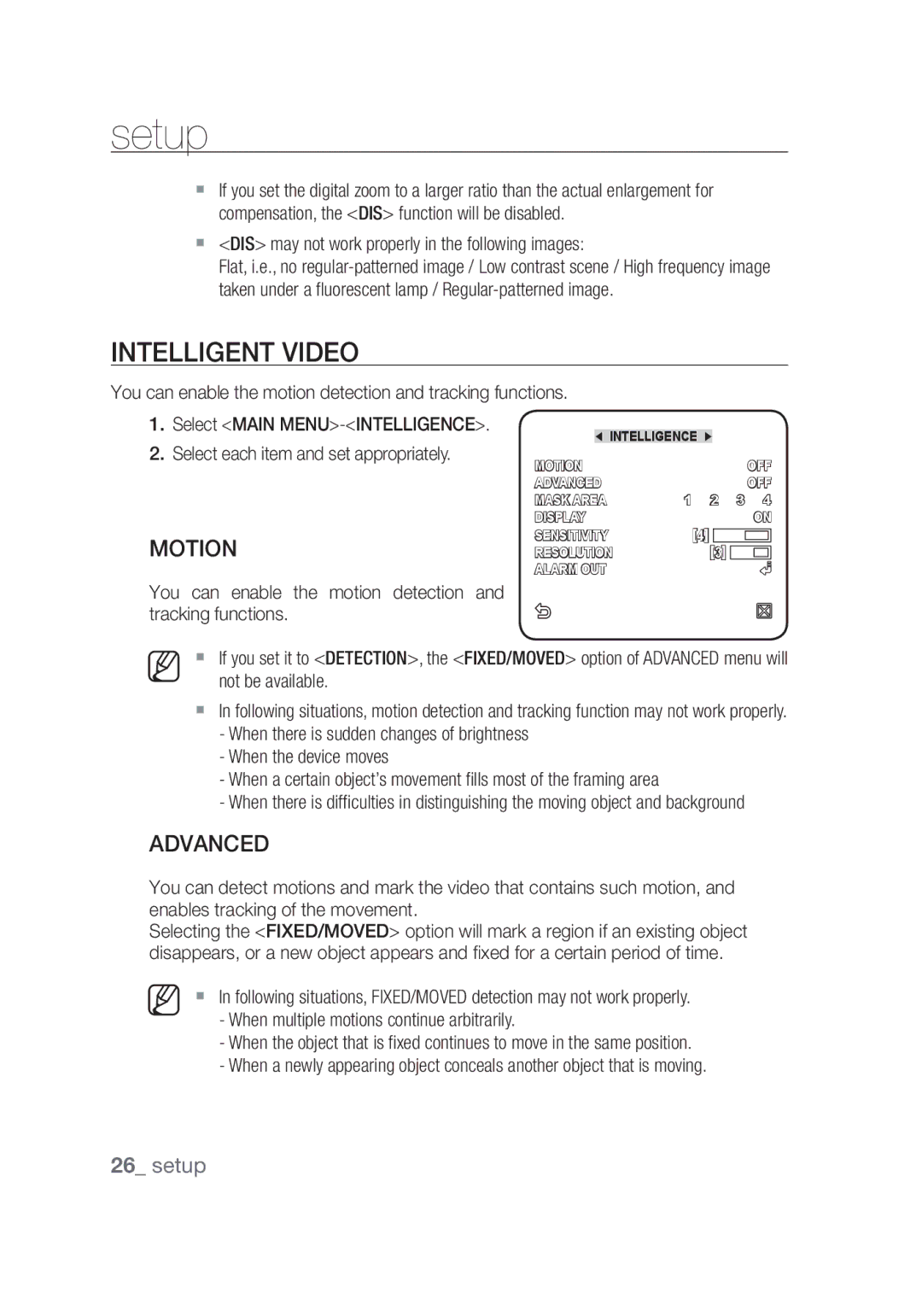 Samsung SCC-C4355P Intelligent Video, Advanced, Select Main MENU-INTELLIGENCE, Select each item and set appropriately 