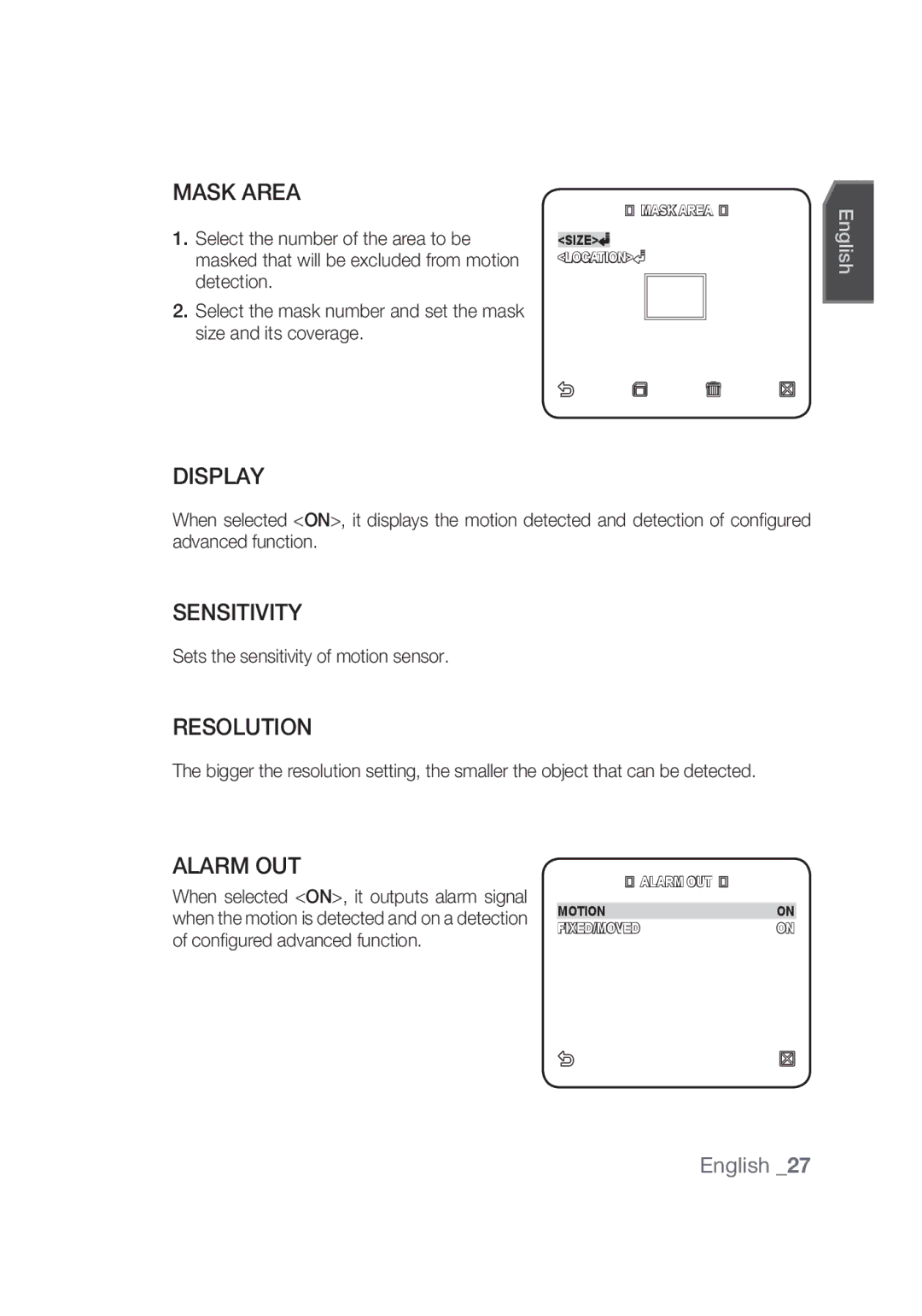 Samsung SCC-C4355P manual Mask Area, Display, Sensitivity, Resolution, Alarm OUT 