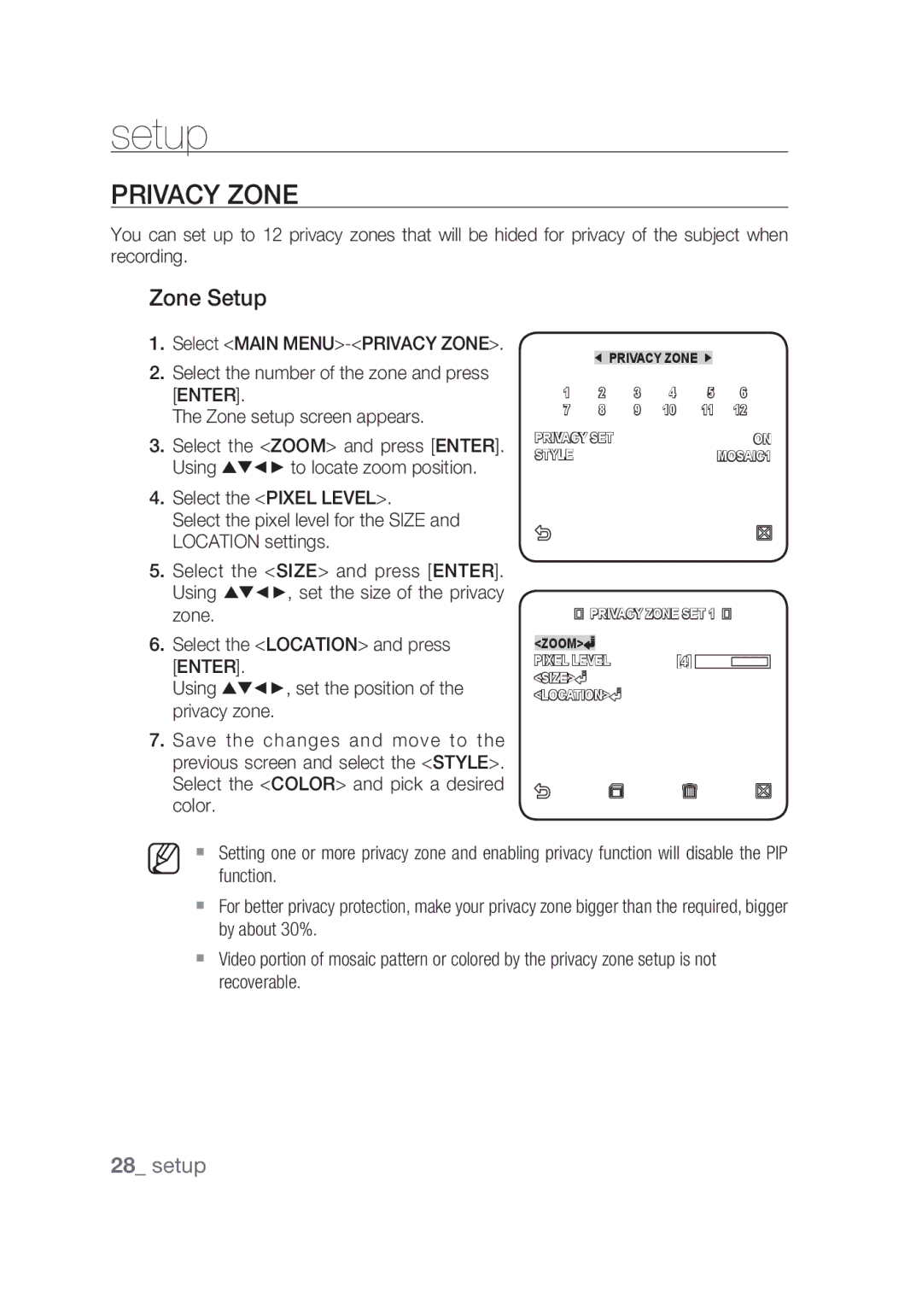 Samsung SCC-C4355P manual Privacy Zone, Zone Setup 