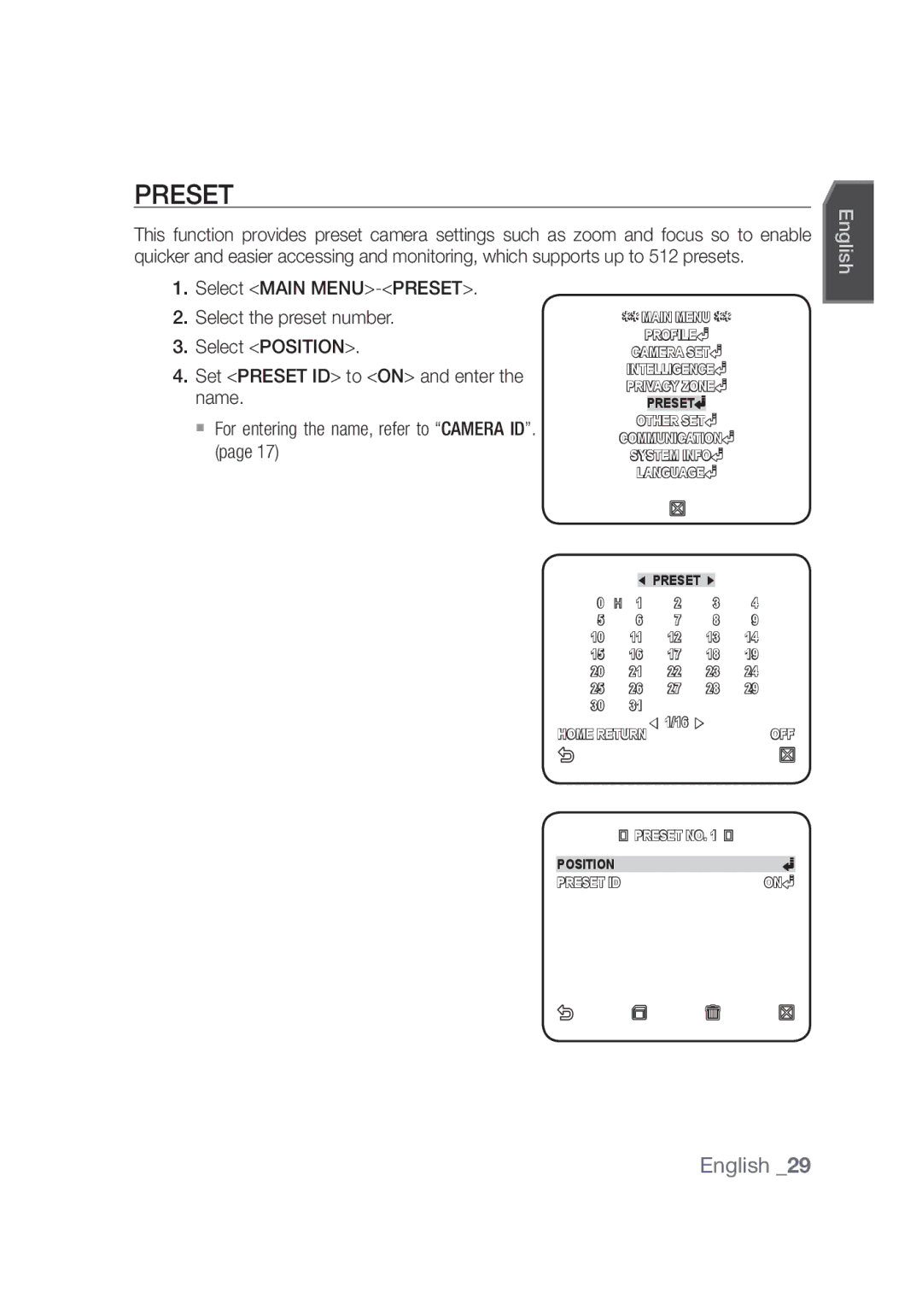 Samsung SCC-C4355P manual Preset, English 