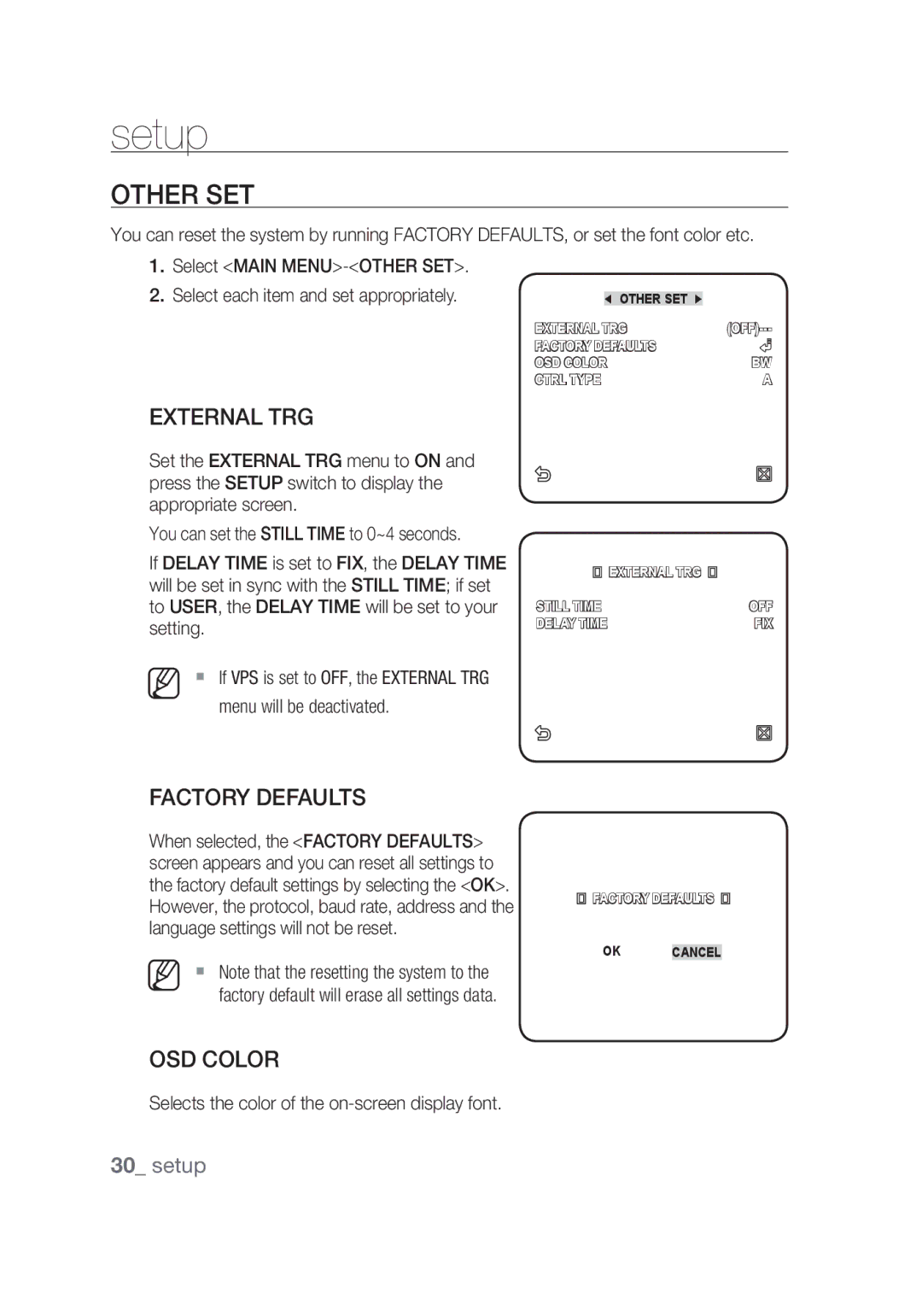 Samsung SCC-C4355P manual Other SET, External TRG, Factory Defaults, OSD Color 