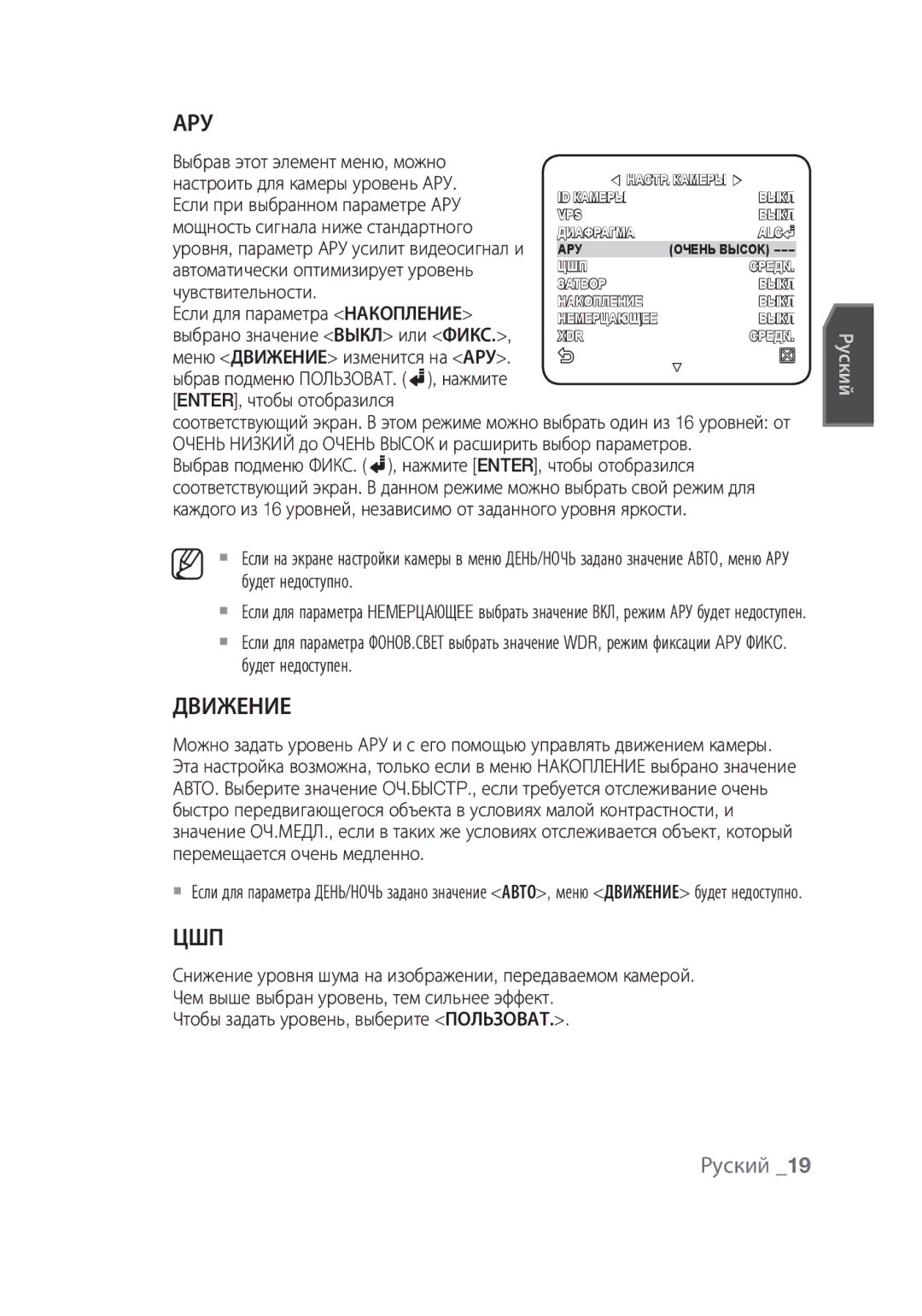 Samsung SCC-C4355P manual Ару, Движение, Цшп 