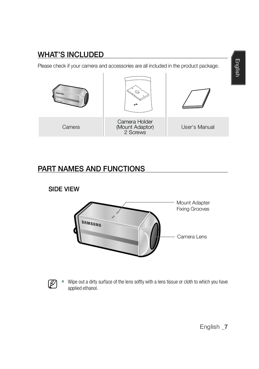 Samsung SCC-C4355P manual What’s Included, Part names and functions, Side View 