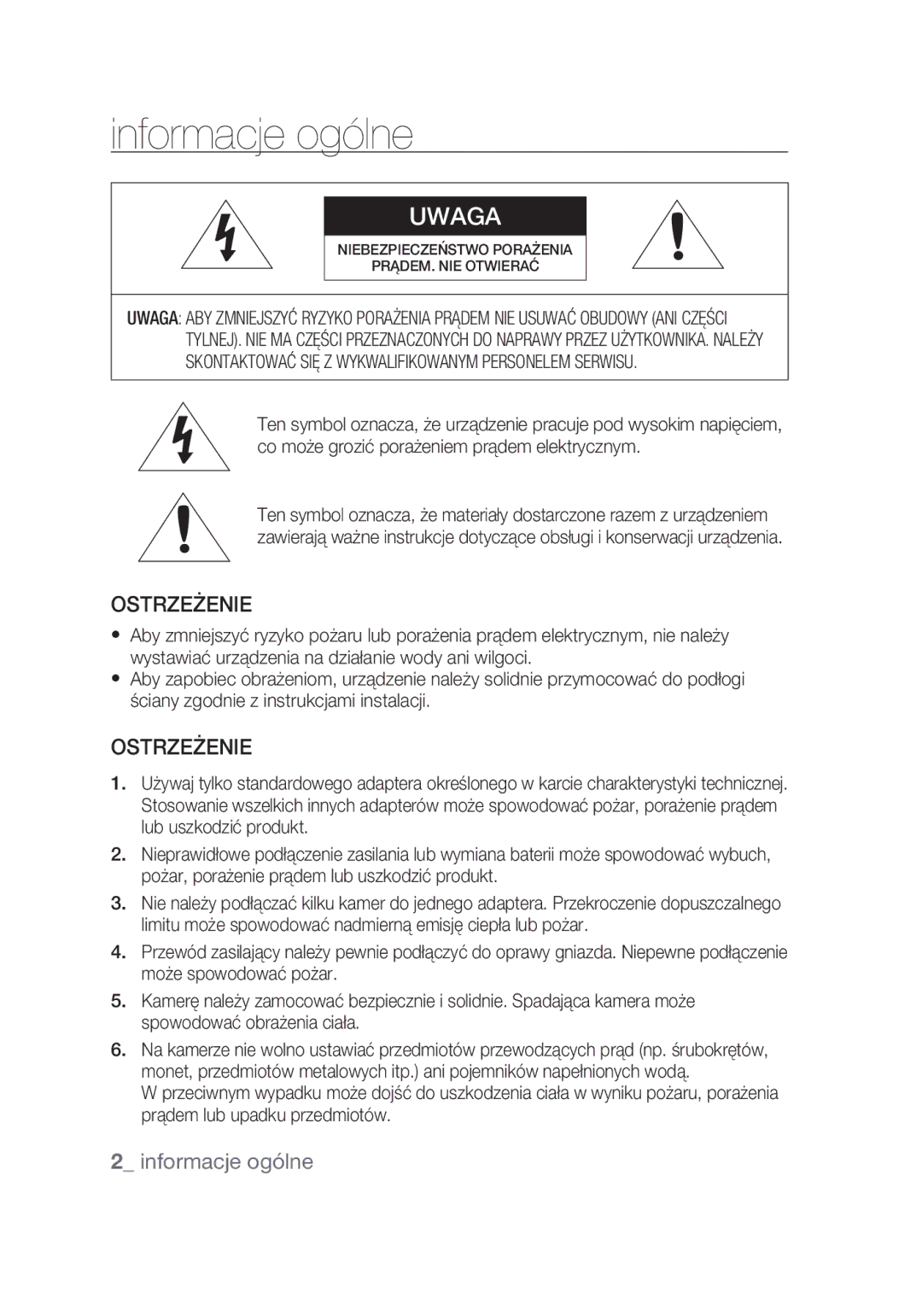 Samsung SCC-C4355P manual Informacje ogólne, Ostrzeżenie,  informacje ogólne 