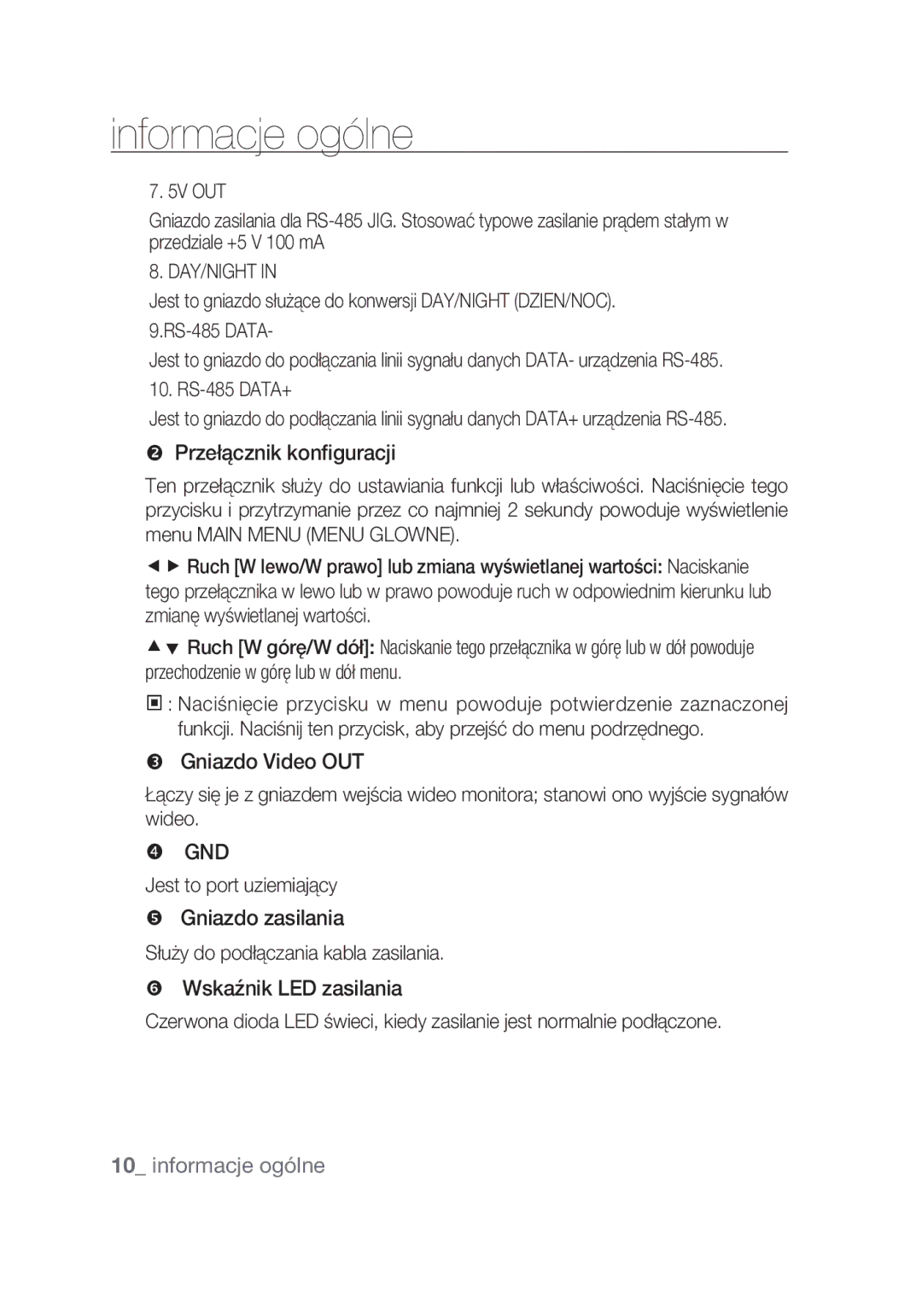 Samsung SCC-C4355P manual  Przełącznik konfiguracji,  Gniazdo Video OUT,  Gniazdo zasilania,  Wskaźnik LED zasilania 