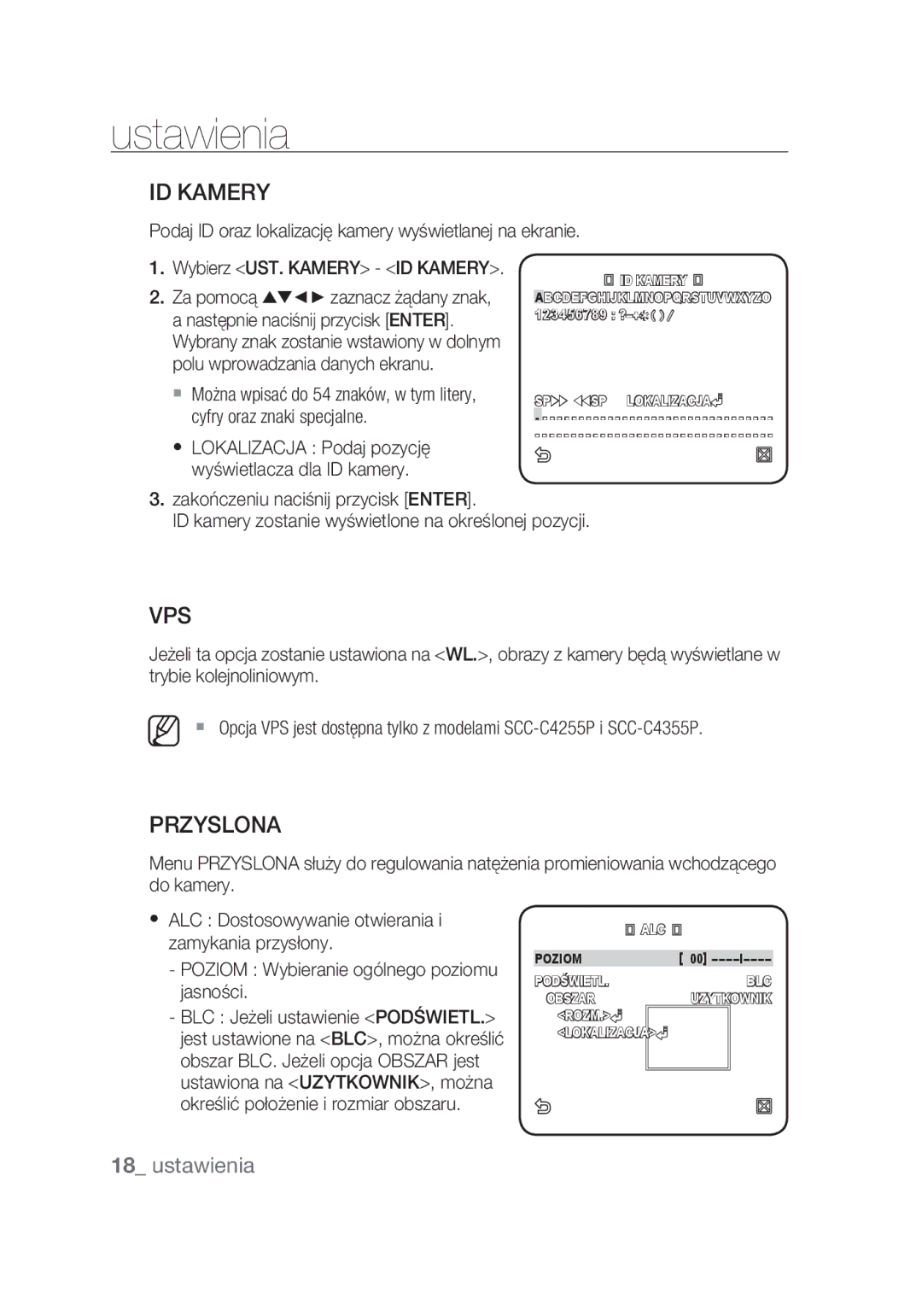 Samsung SCC-C4355P manual ID Kamery, Przyslona, Podaj ID oraz lokalizację kamery wyświetlanej na ekranie 