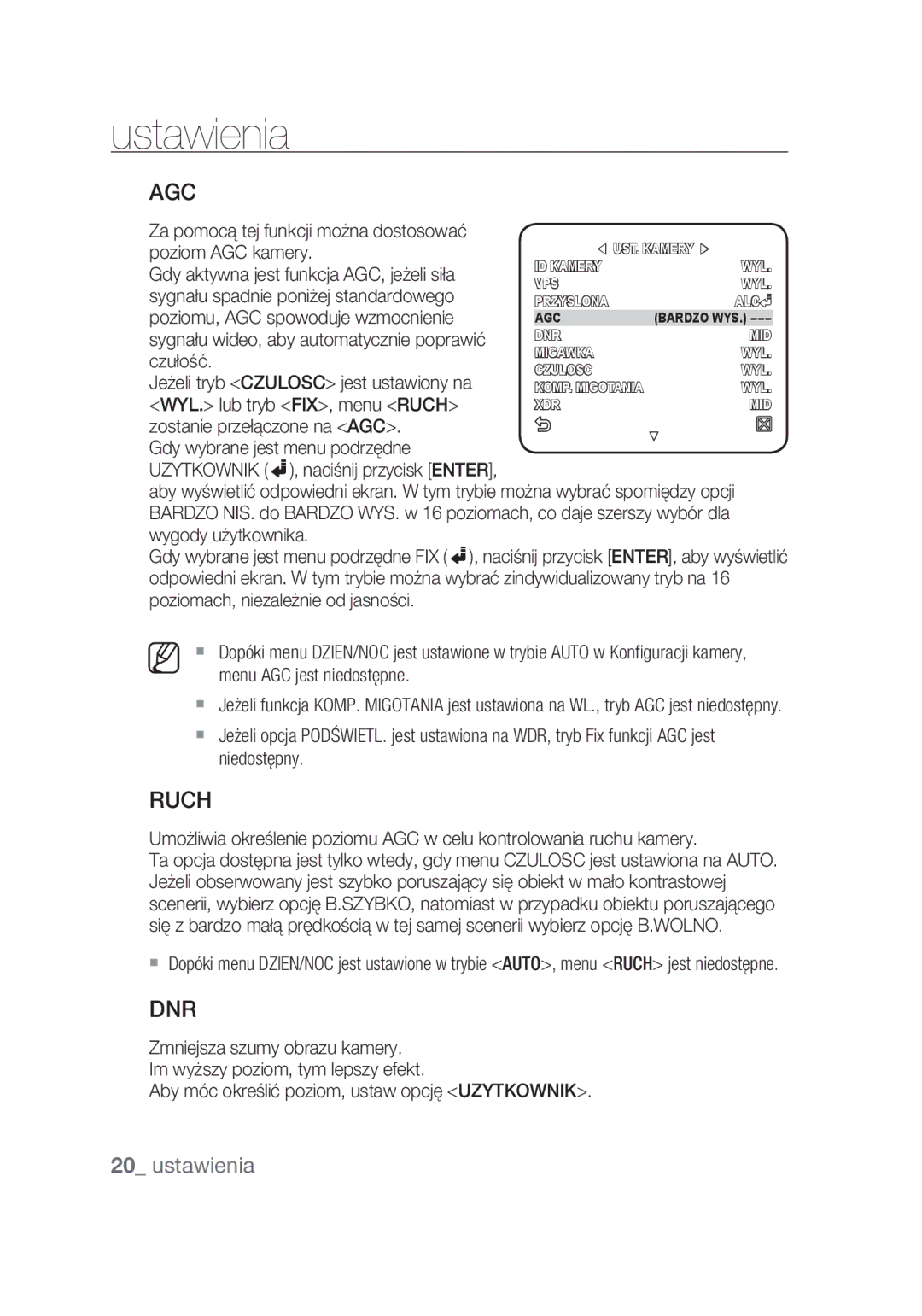 Samsung SCC-C4355P manual Agc, Ruch 