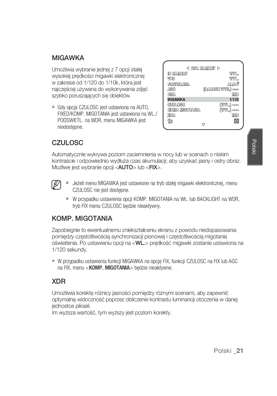 Samsung SCC-C4355P manual Migawka, KOMP. Migotania, Czulosc nie jest dostępne, Tryb FIX menu Czulosc będzie nieaktywny 