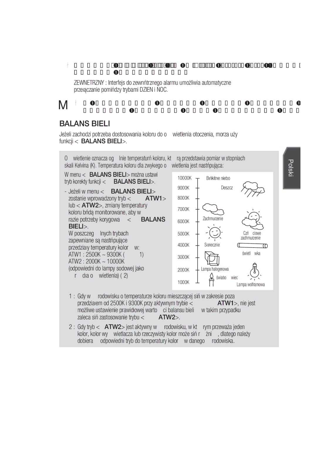 Samsung SCC-C4355P manual Balans Bieli, Usterka funkcji Auto PRZEŁĄCZ. lub Auto Focus 