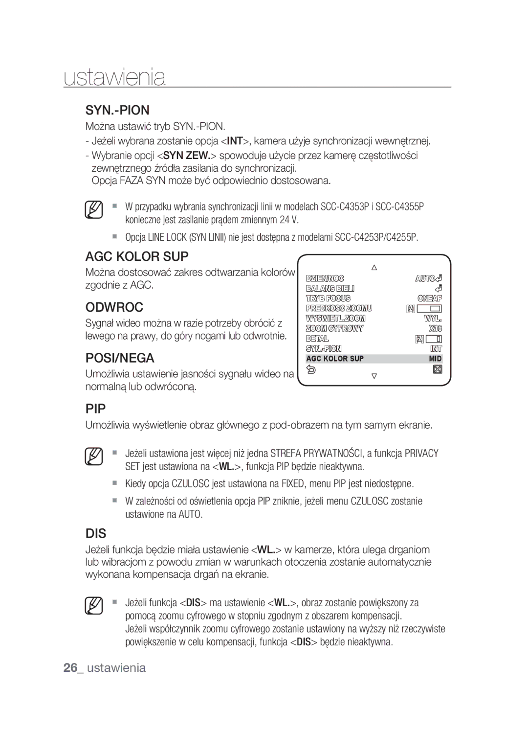 Samsung SCC-C4355P manual Syn.-Pion, AGC Kolor SUP, Odwroc 