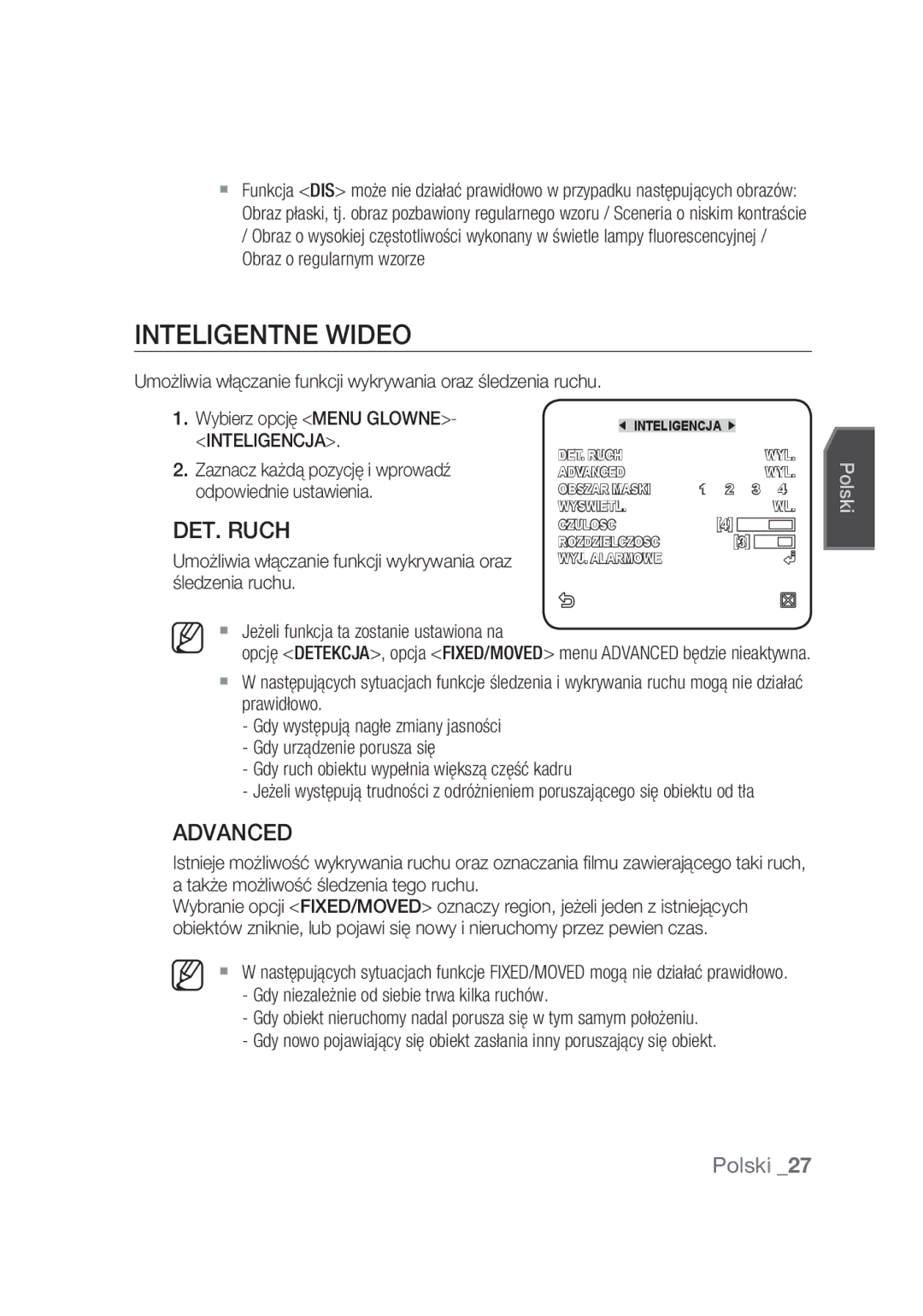 Samsung SCC-C4355P manual Inteligentne wideo, DET. Ruch, Umożliwia włączanie funkcji wykrywania oraz śledzenia ruchu 