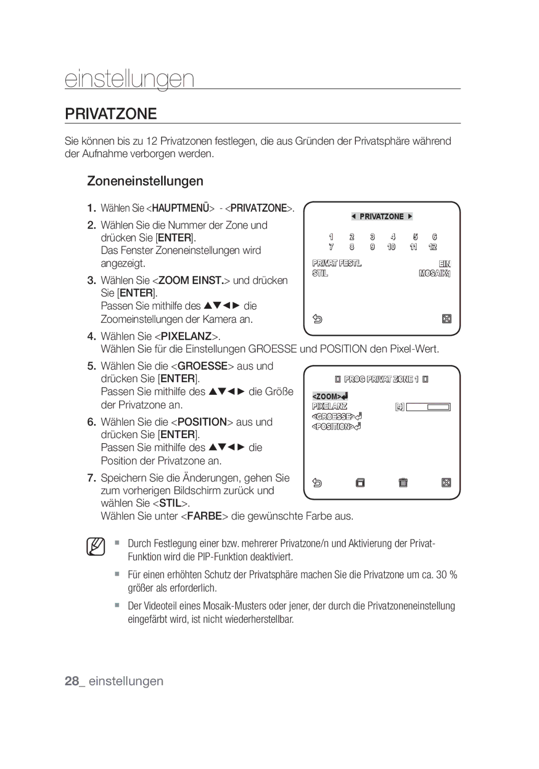 Samsung SCC-C4355P Privatzone, Zoneneinstellungen, Funktion wird die PIP-Funktion deaktiviert, Größer als erforderlich 