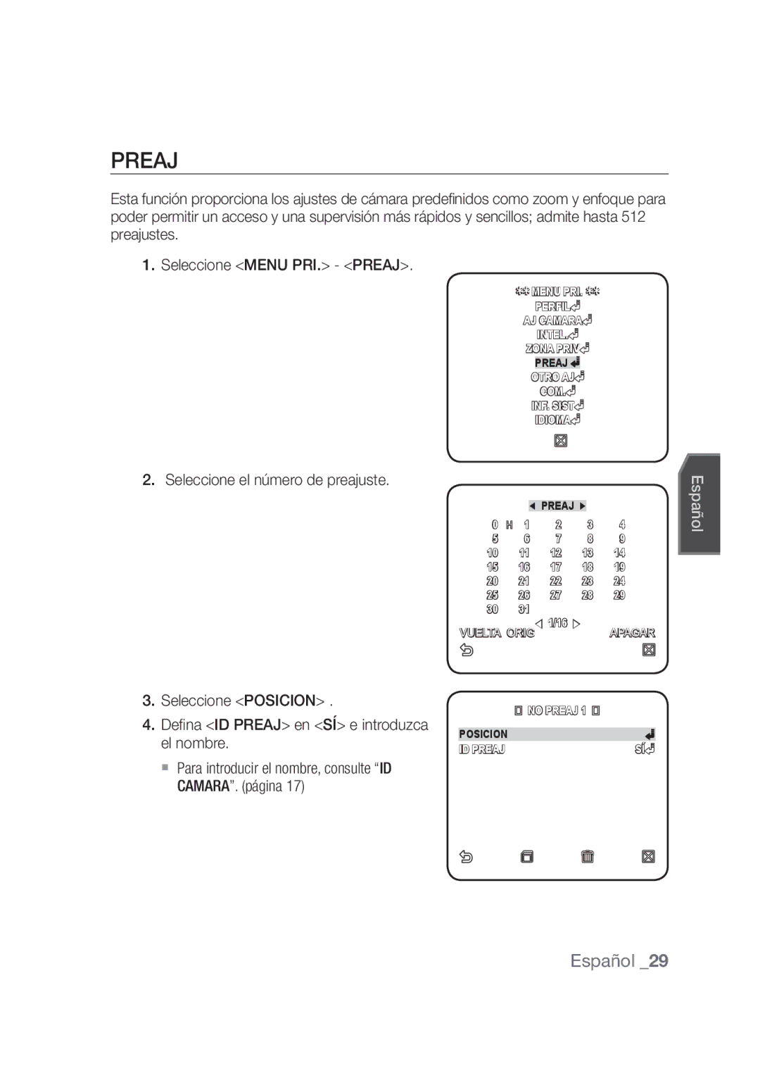 Samsung SCC-C4355P manual Preaj, Seleccione el número de preajuste 