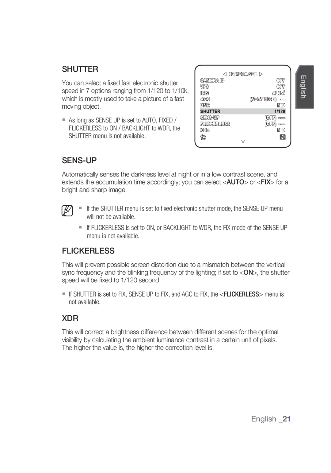 Samsung SCC-C4355P manual Shutter, Sens-Up, Flickerless, Xdr 