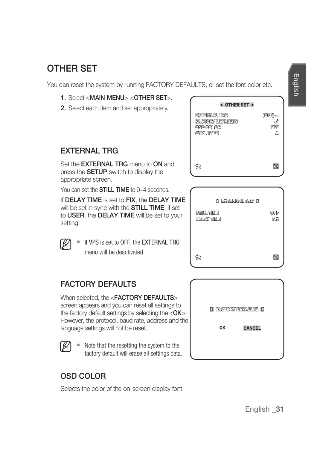 Samsung SCC-C4355P manual Other SET, External TRG, Factory Defaults, OSD Color 