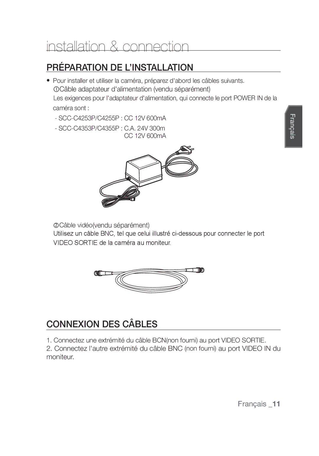 Samsung SCC-C4355P manual Préparation de l’installation, Connexion des câbles, Français 