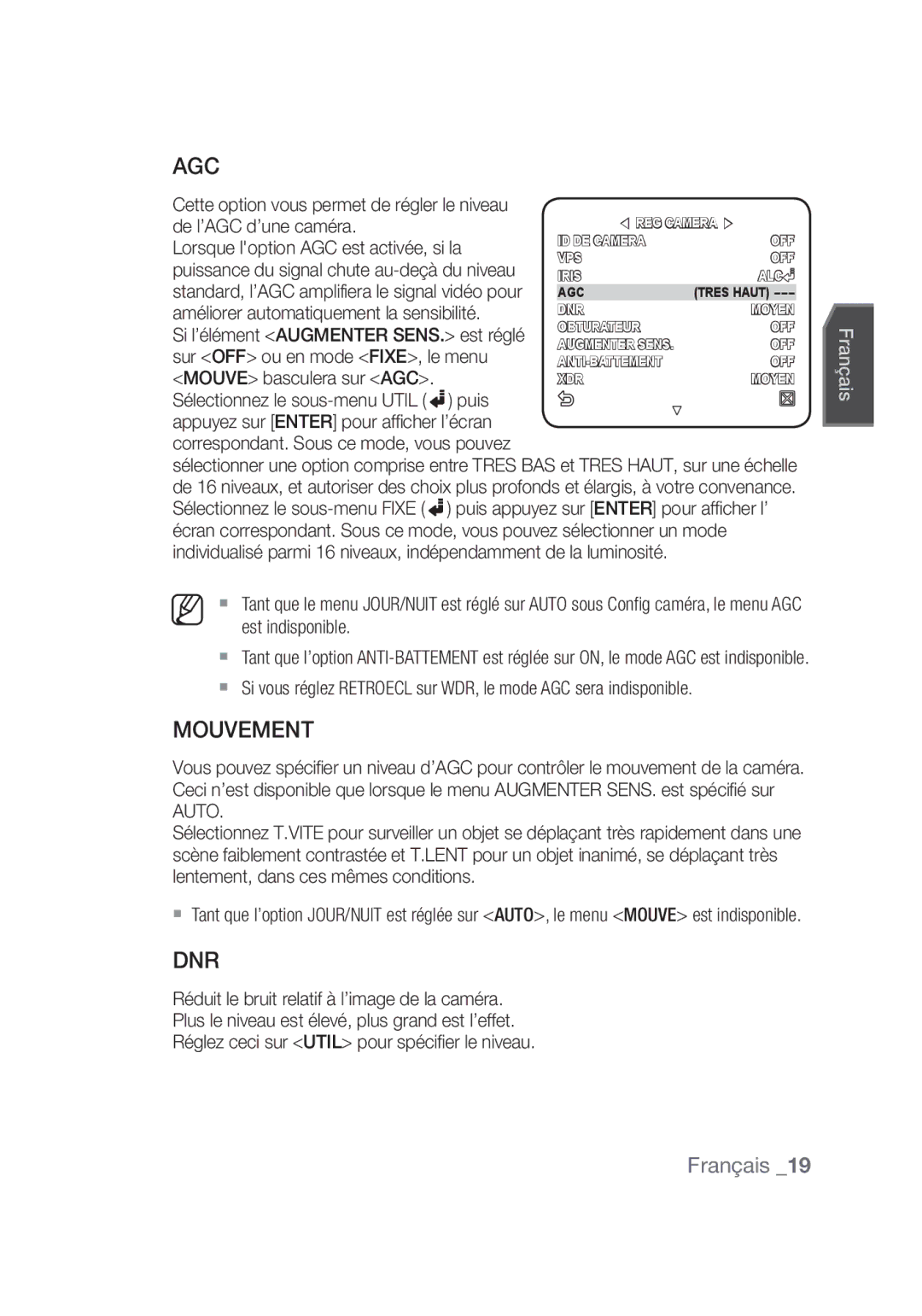 Samsung SCC-C4355P manual Mouvement 