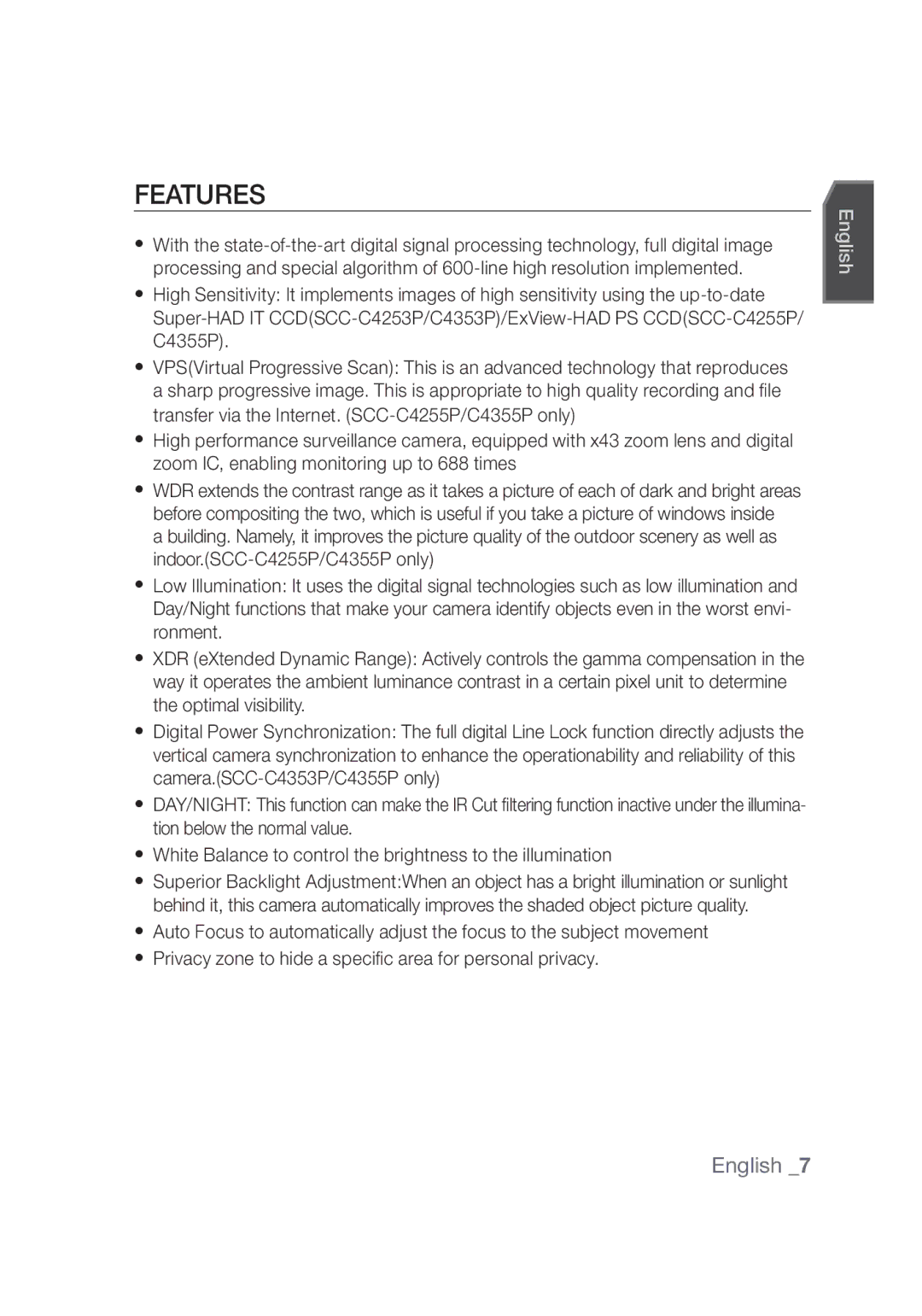 Samsung SCC-C4355P manual Features 