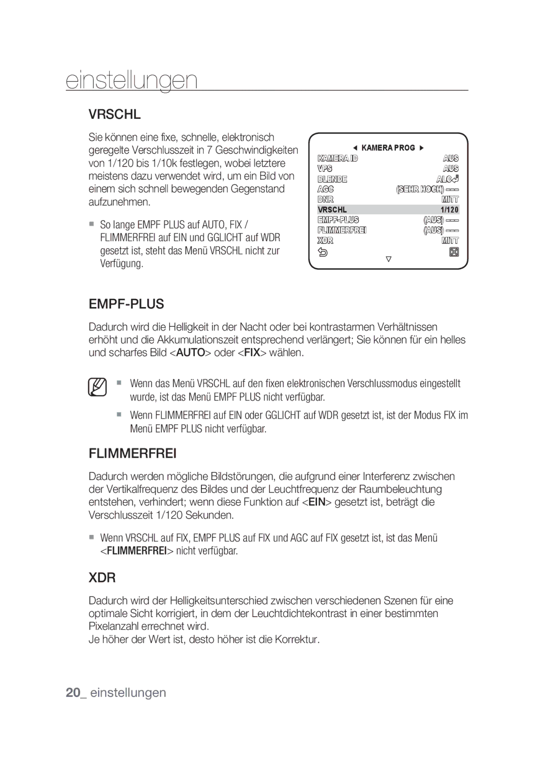 Samsung SCC-C4355P manual Vrschl, Empf-Plus, Flimmerfrei, Wurde, ist das Menü Empf Plus nicht verfügbar 