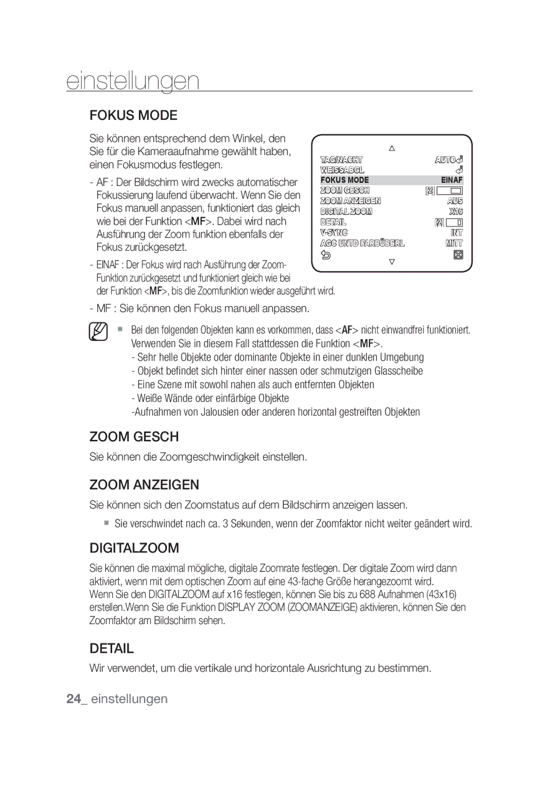 Samsung SCC-C4355P manual Fokus Mode, Zoom Gesch, Zoom Anzeigen, Digitalzoom 