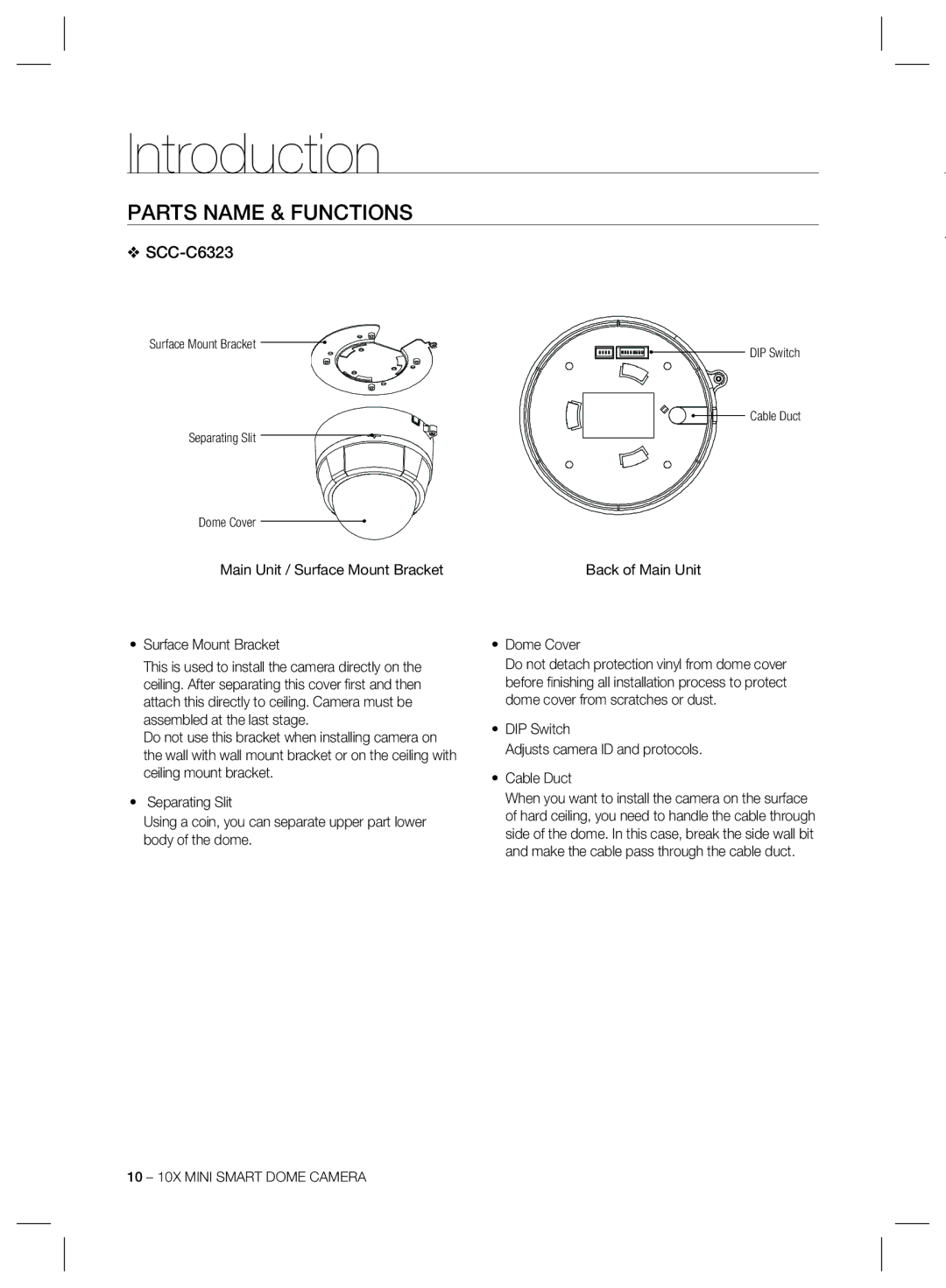 Samsung SCC-C6323, SCC-C6325, SCC-C7325 user manual Parts Name & Functions, Main Unit / Surface Mount Bracket 