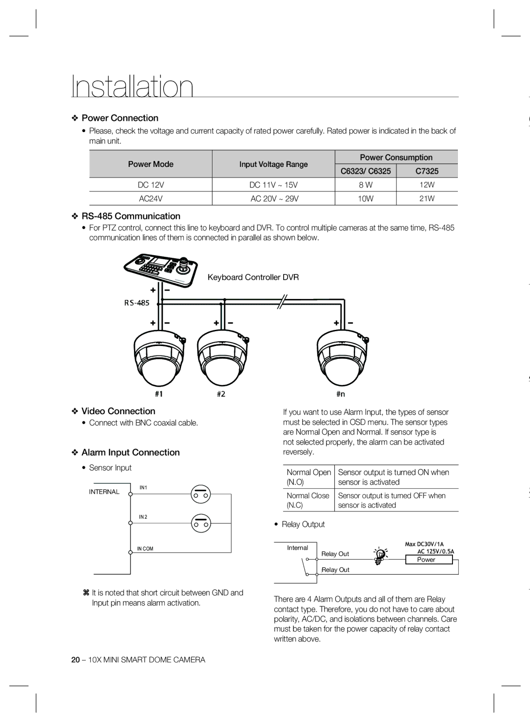 Samsung SCC-C7325, SCC-C6325, SCC-C6323 Power Connection, RS-485 Communication, Video Connection, Alarm Input Connection 