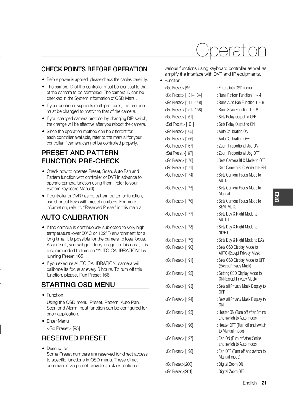 Samsung SCC-C6325 Operation, Preset and Pattern Function PRE-CHECK, Auto Calibration, Starting OSD Menu, Reserved Preset 