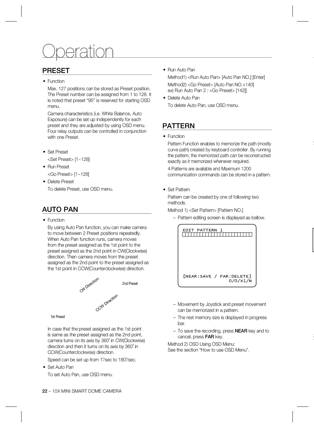 Samsung SCC-C6323, SCC-C6325 Preset, Auto PAN, Pattern, Function, Delete Auto Pan To delete Auto Pan, use OSD menu 