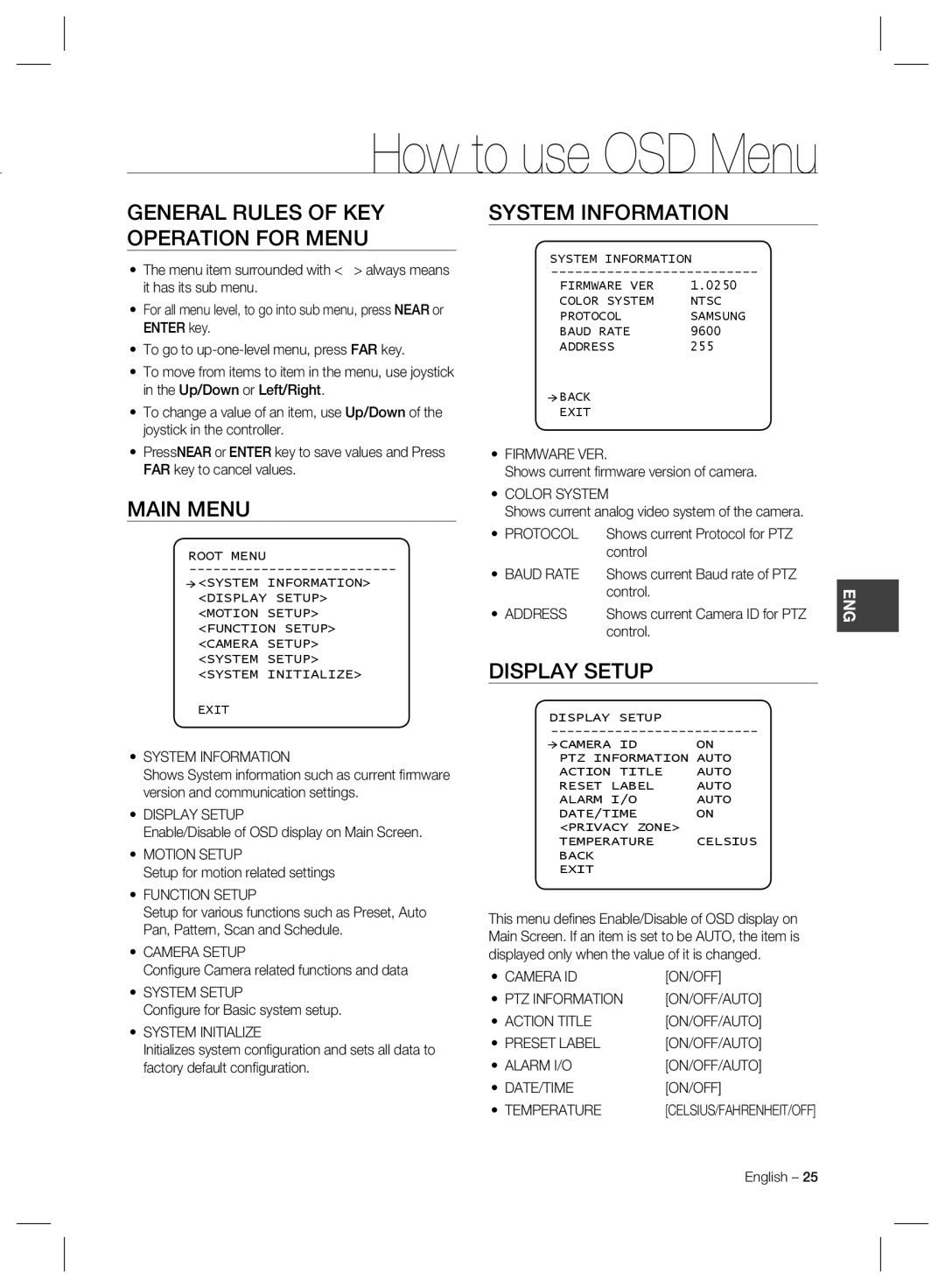 Samsung SCC-C6323, SCC-C6325 How to use OSD Menu, General Rules of KEY Operation for Menu, Main Menu, System Information 