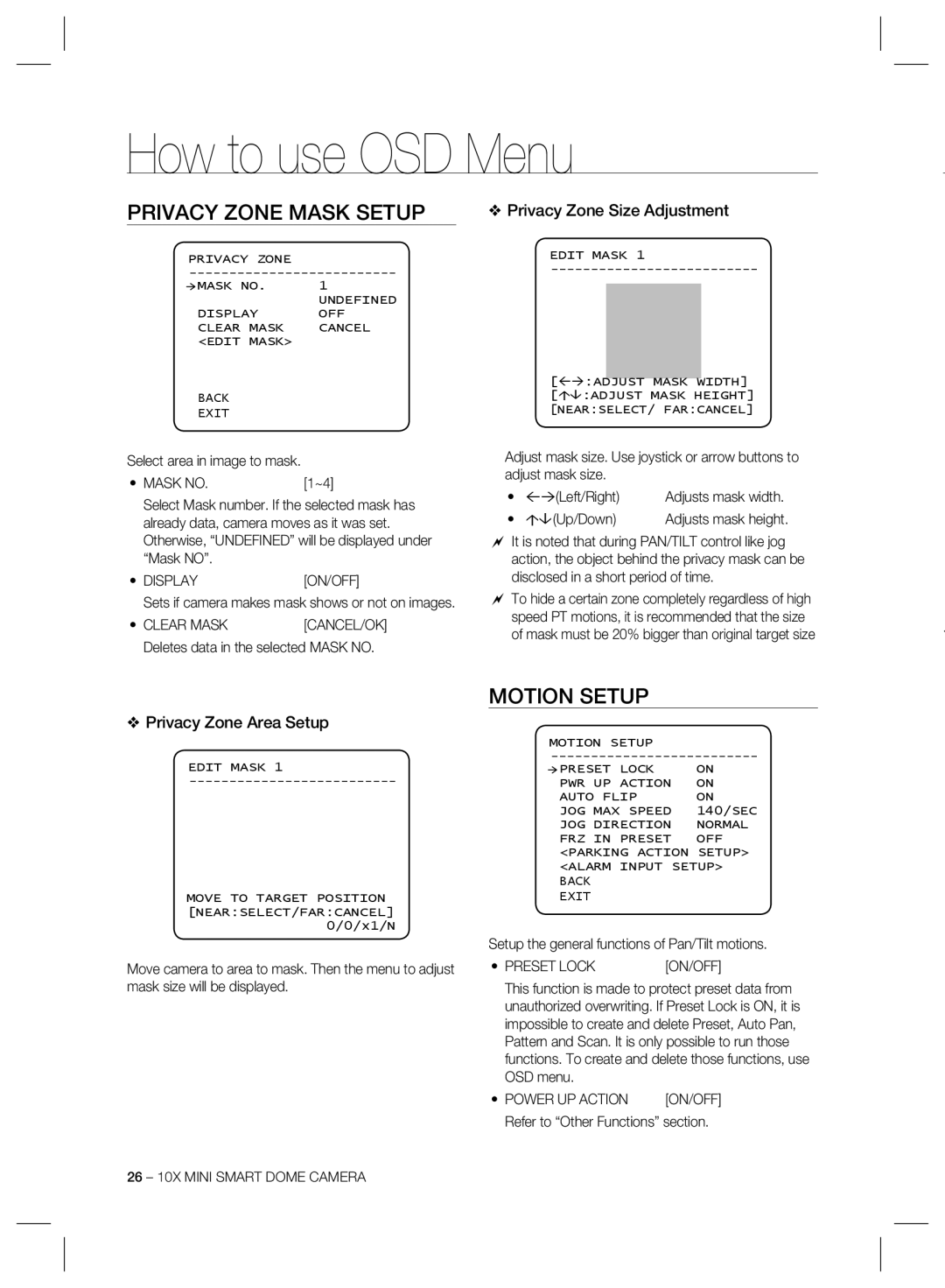 Samsung SCC-C7325, SCC-C6325 Privacy Zone Mask Setup, Motion Setup, Privacy Zone Size Adjustment, Privacy Zone Area Setup 