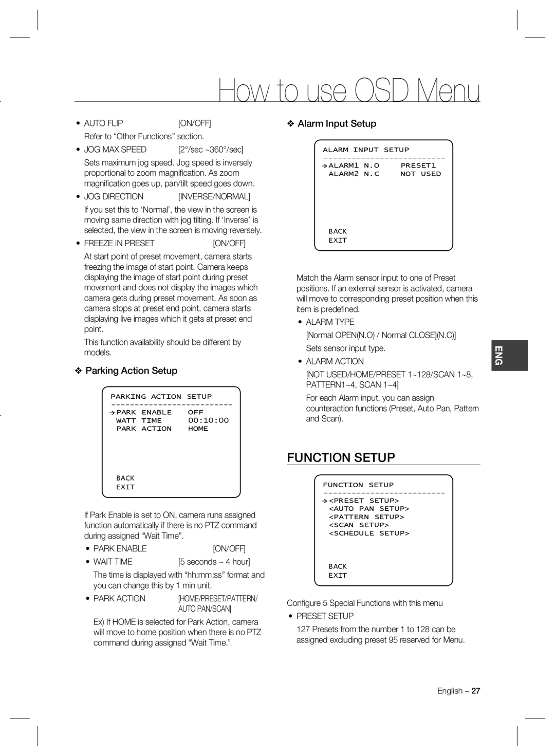 Samsung SCC-C6325, SCC-C6323, SCC-C7325 user manual Function Setup, Parking Action Setup, Alarm Input Setup 