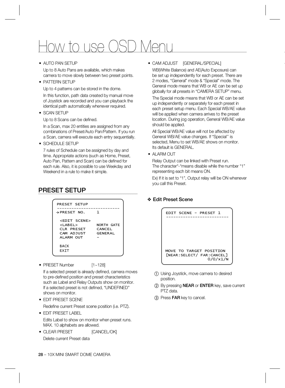 Samsung SCC-C6323, SCC-C6325, SCC-C7325 user manual Preset Setup, Edit Preset Scene 