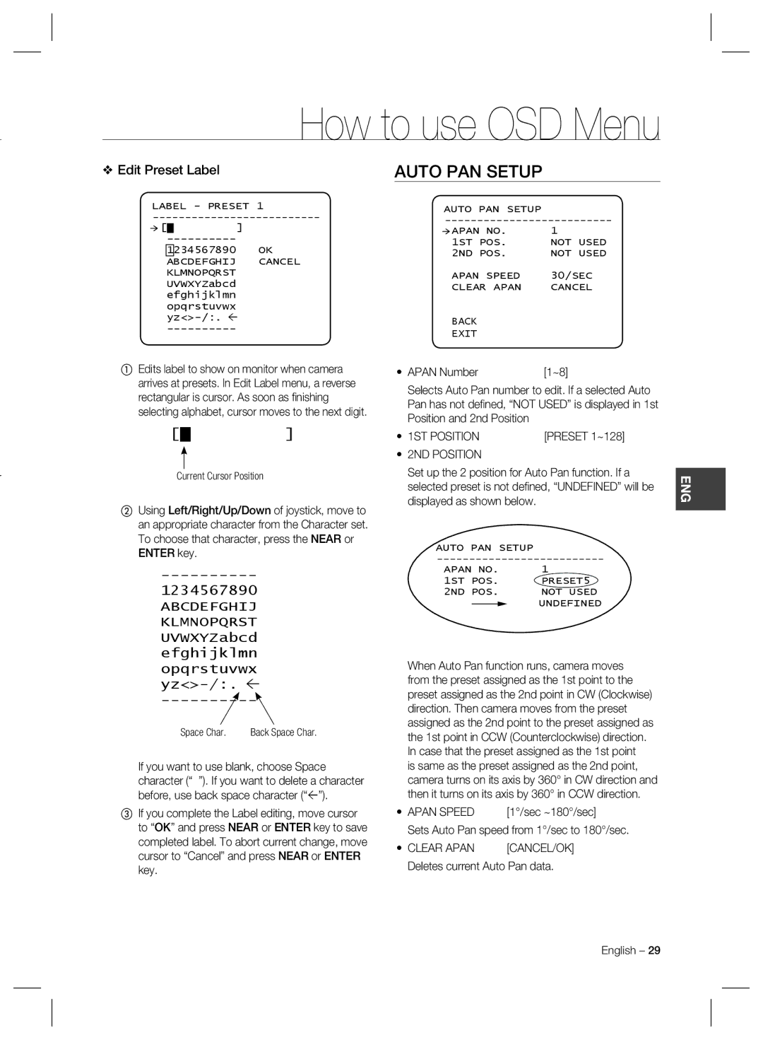 Samsung SCC-C7325, SCC-C6325, SCC-C6323 user manual Auto PAN Setup, Edit Preset Label 