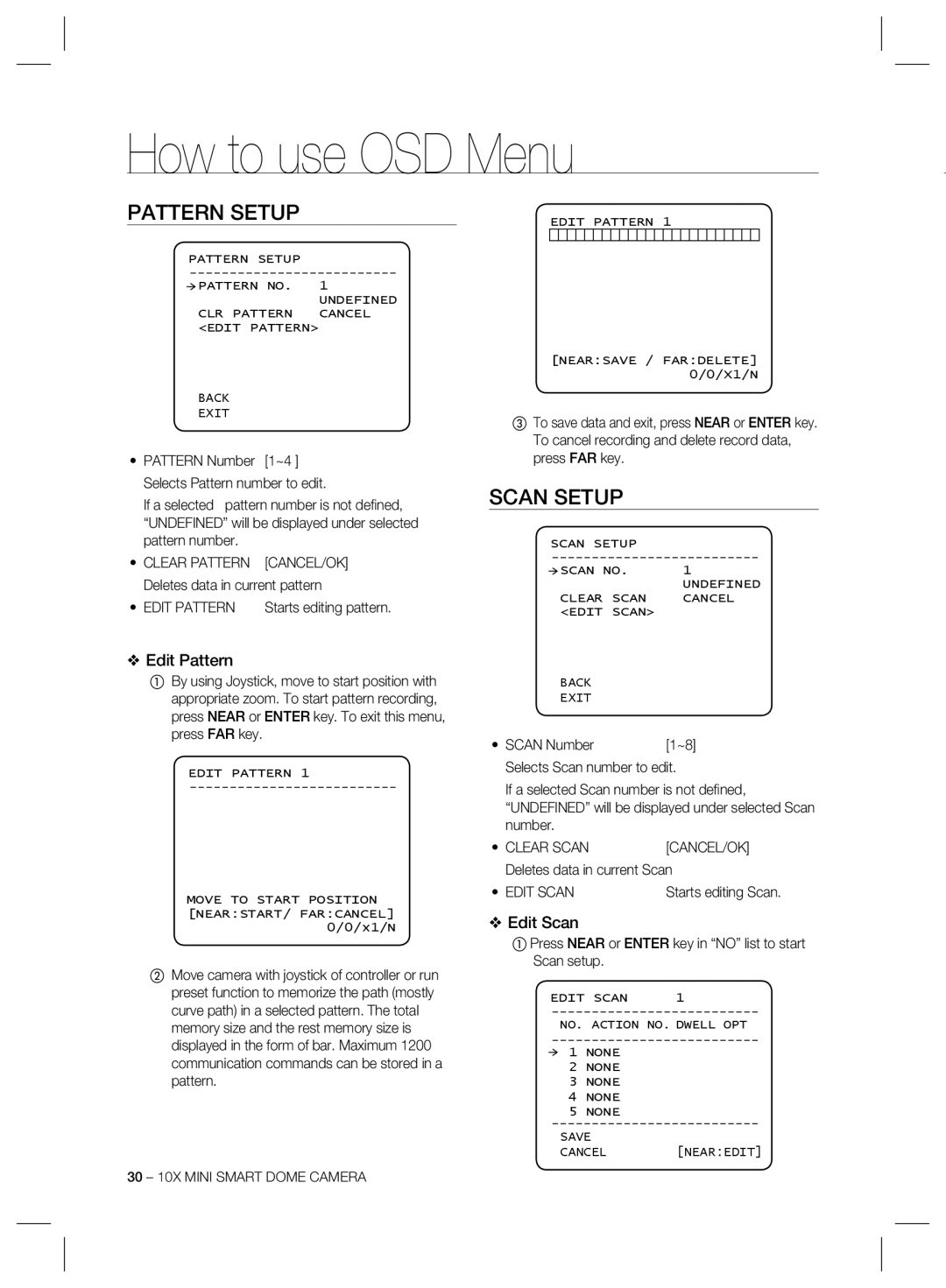 Samsung SCC-C6325, SCC-C6323, SCC-C7325 user manual Pattern Setup, Scan Setup, Edit Pattern, Edit Scan 