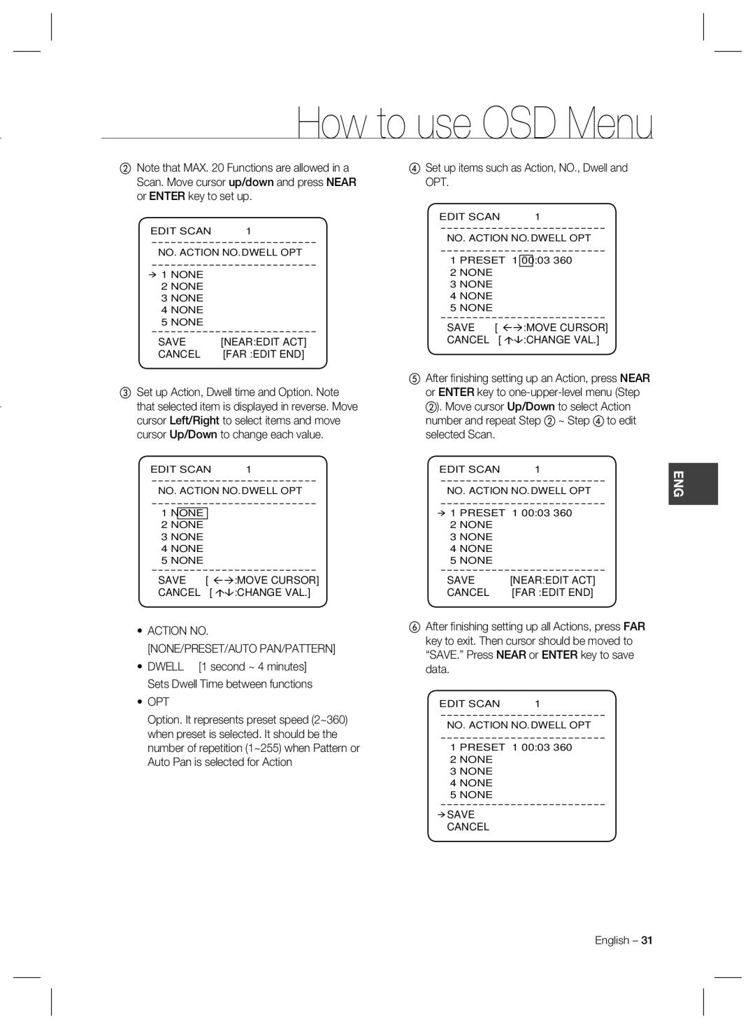 Samsung SCC-C6323 ④ Set up items such as Action, NO., Dwell and OPT, Action no NONE/PRESET/AUTO PAN/PATTERN, Opt 