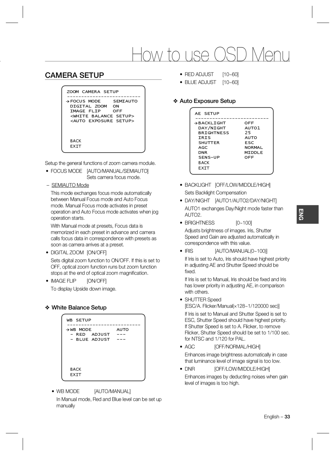 Samsung SCC-C6325, SCC-C6323, SCC-C7325 user manual Camera Setup, White Balance Setup, Auto Exposure Setup 